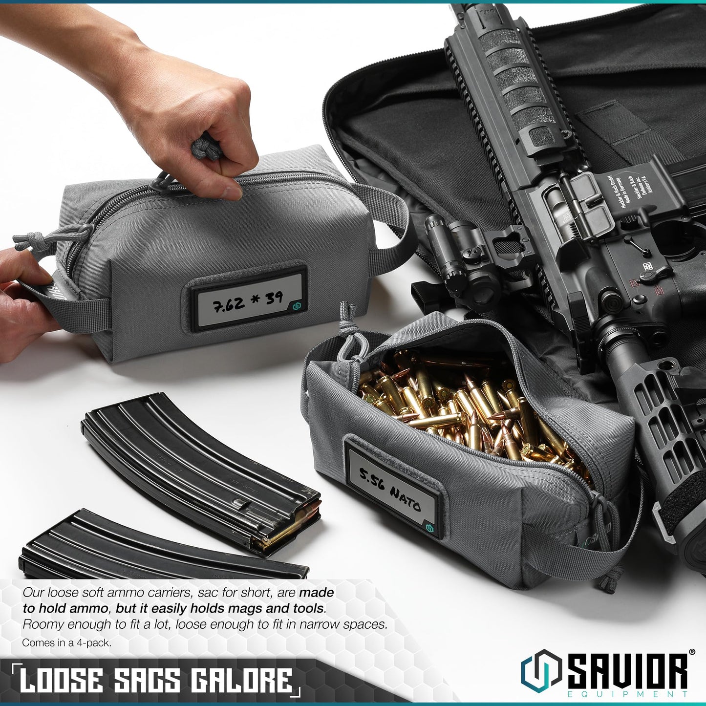 Savior Equipment Loose Sacs 4-Pack Tactical Ammo Pouch Firearm Ammunition Carrier Bag, ID Patches Included, Black