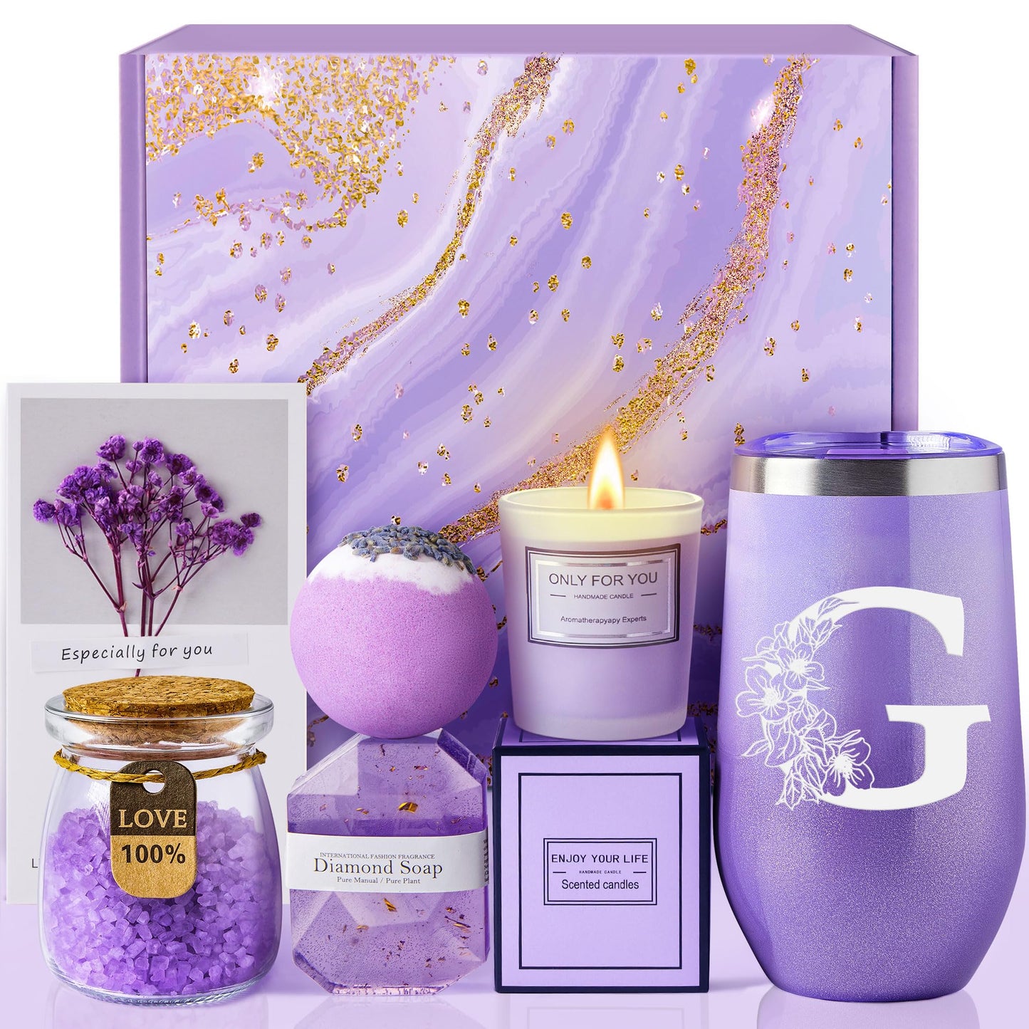 Birthday Gifts for Women, Relaxing Lavender Spa Gift Basket Set with 20oz Monogram Initial Tumbler for Mom Wife Sister Aunt Teacher Nurse, Wedding Gifts, Bridesmaid Gifts, Best Friend Gifts (J)