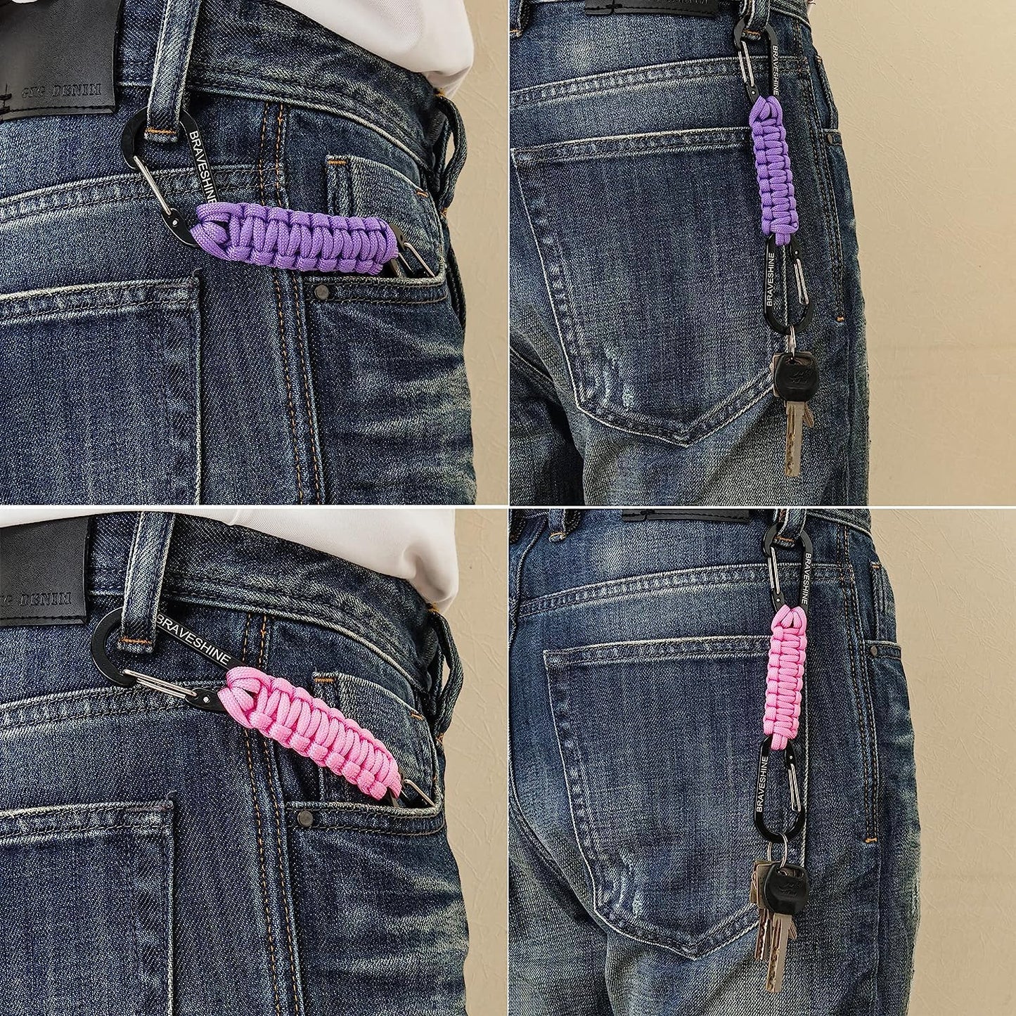 BRAVESHINE 2 Pack Purple Paracord Keychain Hook Carabiner Clips, Lanyard Hanger with D Ring Hooks Heavy-Weight Stroller Hook Holder for Water Bottle, Key, Backpack, Tools, Boys, Girls, Men, Women