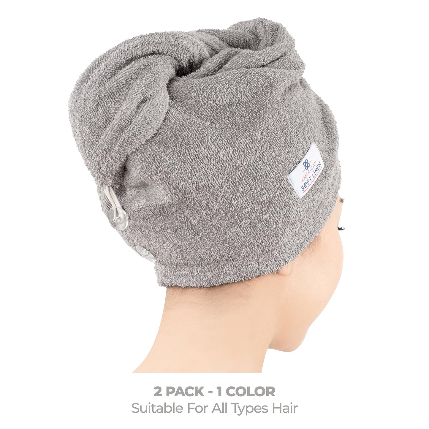 American Soft Linen 100% Cotton Hair Towels for Women, Head Towel Cap, Cotton Hair Turban Towel Wrap for Long Curly Anti Frizz Hair, Soft and Absorbent Cotton Hair Towels 2 Pack, Light Gray