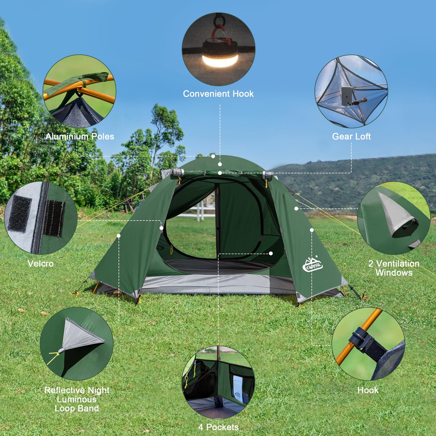 Camppal 2-3 Person Backpacking Tent, Waterproof Windproof 4 Season Tent for Camping, Easy Setup 2 Person Tent for Backpacking, Hiking, Hunting, Motor Cycling & Biking