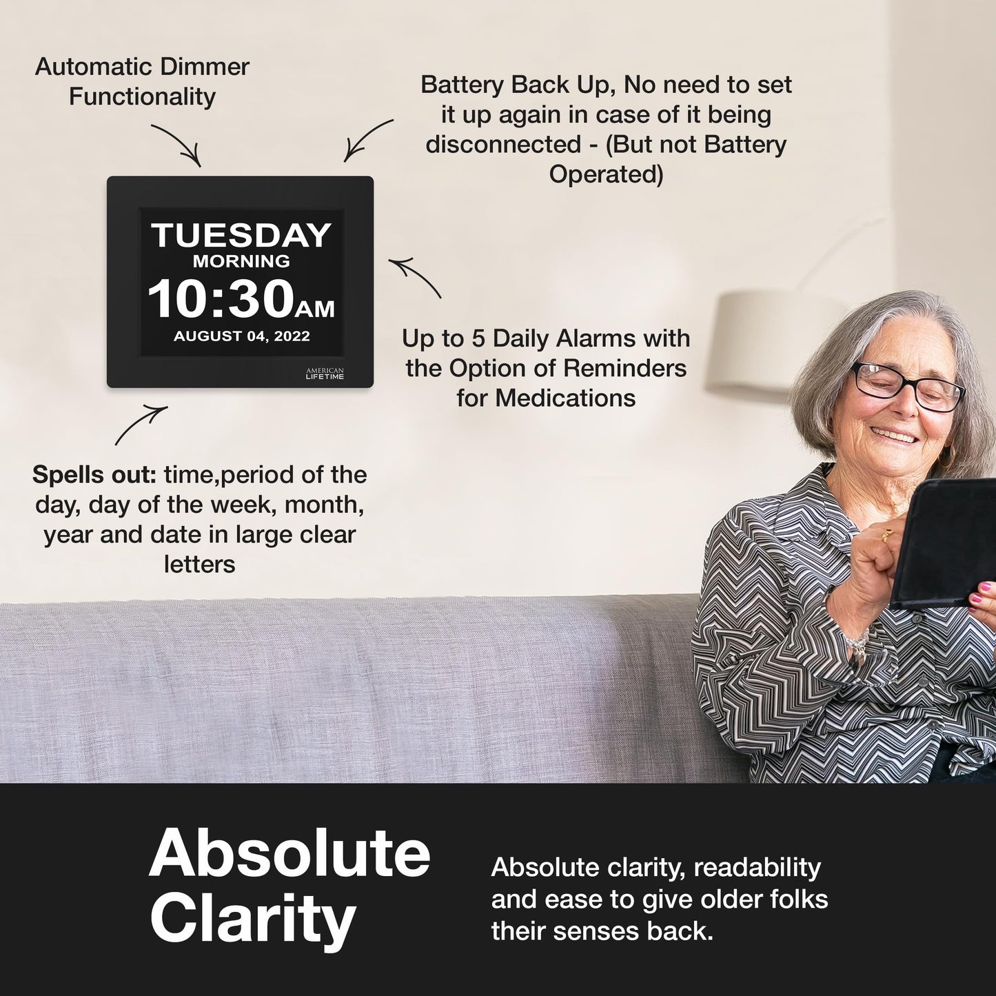 American Lifetime【New 2025】 Dementia Clock Large Digital Clock for Seniors, Alzeimer Clock Large Display with Custom Alarms, Clock with Day & Date for Elderly, Number Digital Calendar Black