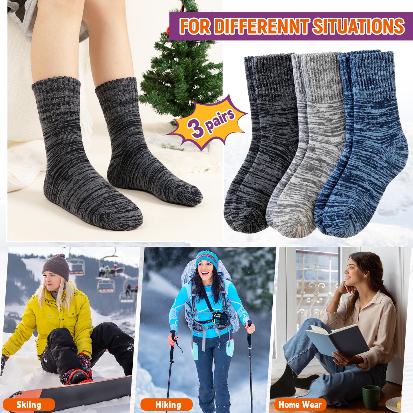 AMENLAN Women Heated Socks Ski Winter Thermal Hiking Snowboarding Thick Boot Insulated Socks 3 Pairs (3 Pairs Grey/Blue/Dark Grey)