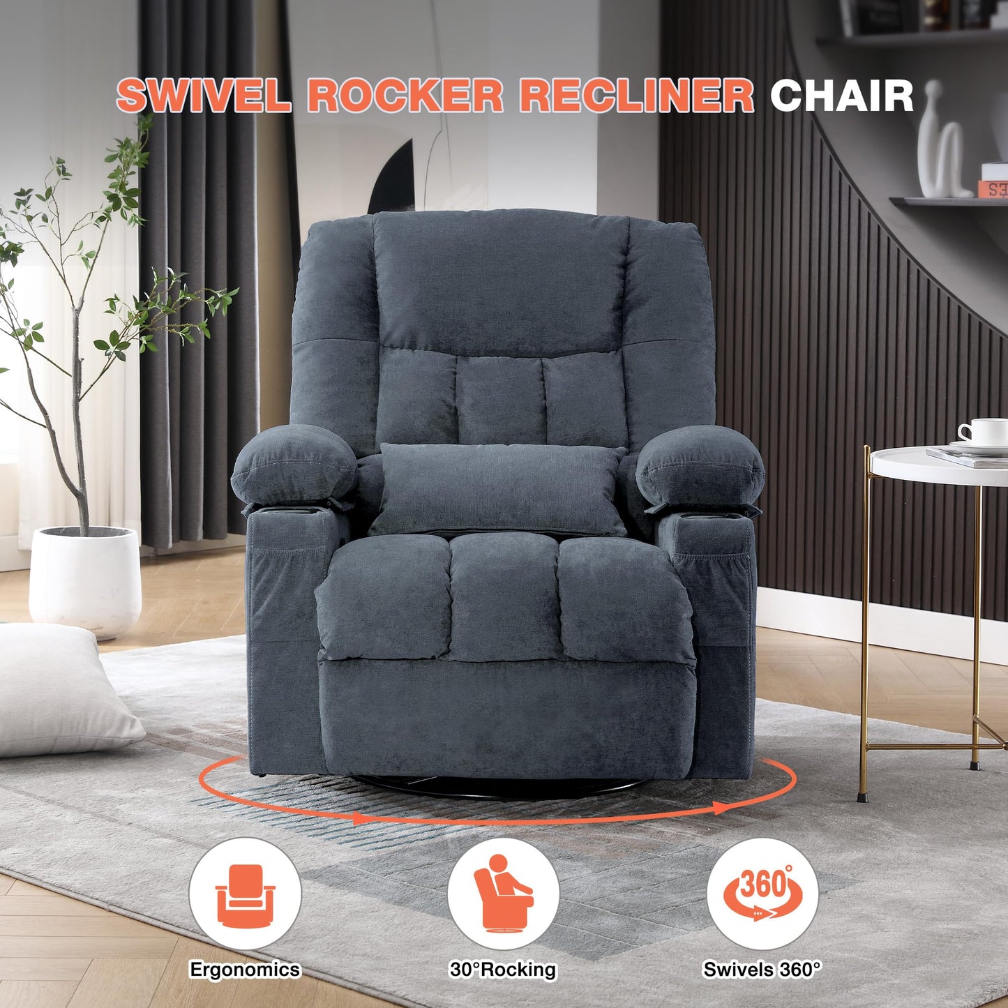 Massage Swivel Recliner Chair with Vibration Massage and Lumbar Heating for Adults, Oversized Rocker Recliner Single Sofa with Side Pocket, Two Cup Holders and USB Charge Port for Living Room
