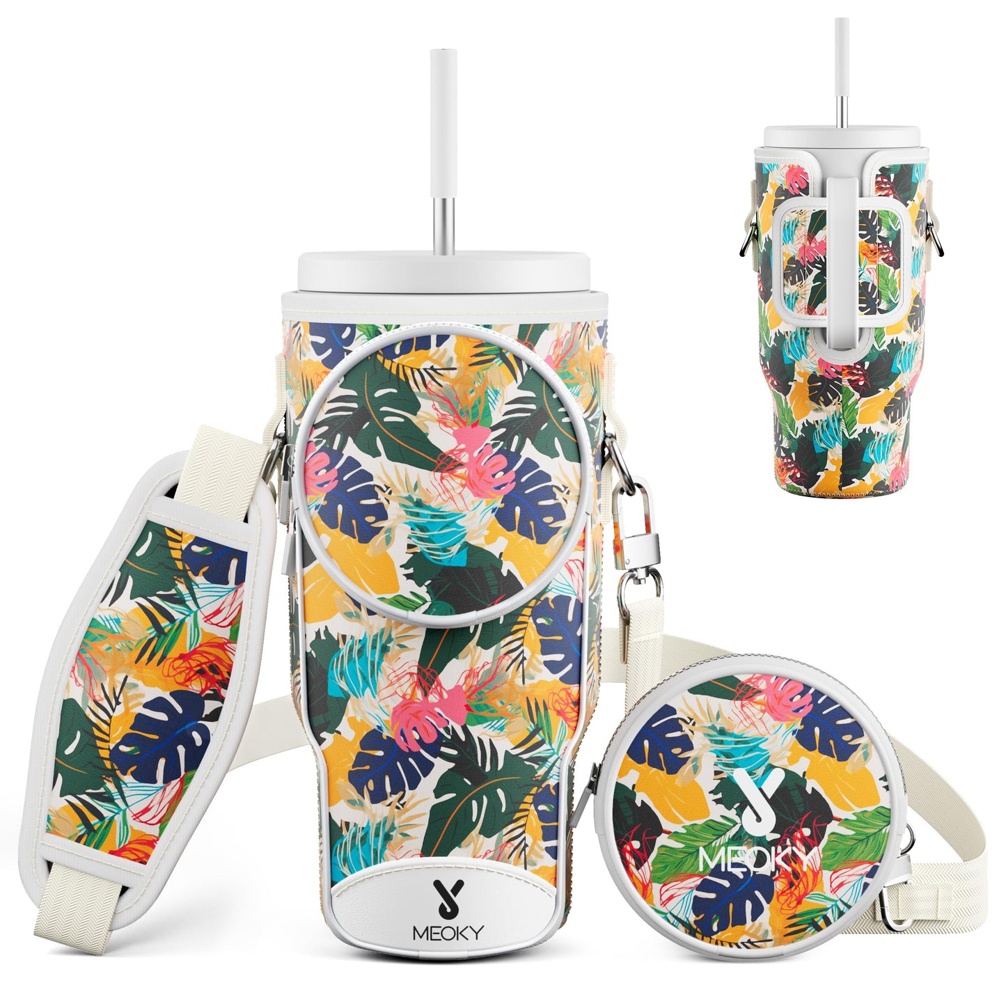 Meoky Water Bottle Carrier Bag with Phone Pocket for 40 oz Tumbler with Handle, Neoprene Water Bottle Holder Pouch with Adjustable Strap, 2 Carabiner Clips (Leaf)