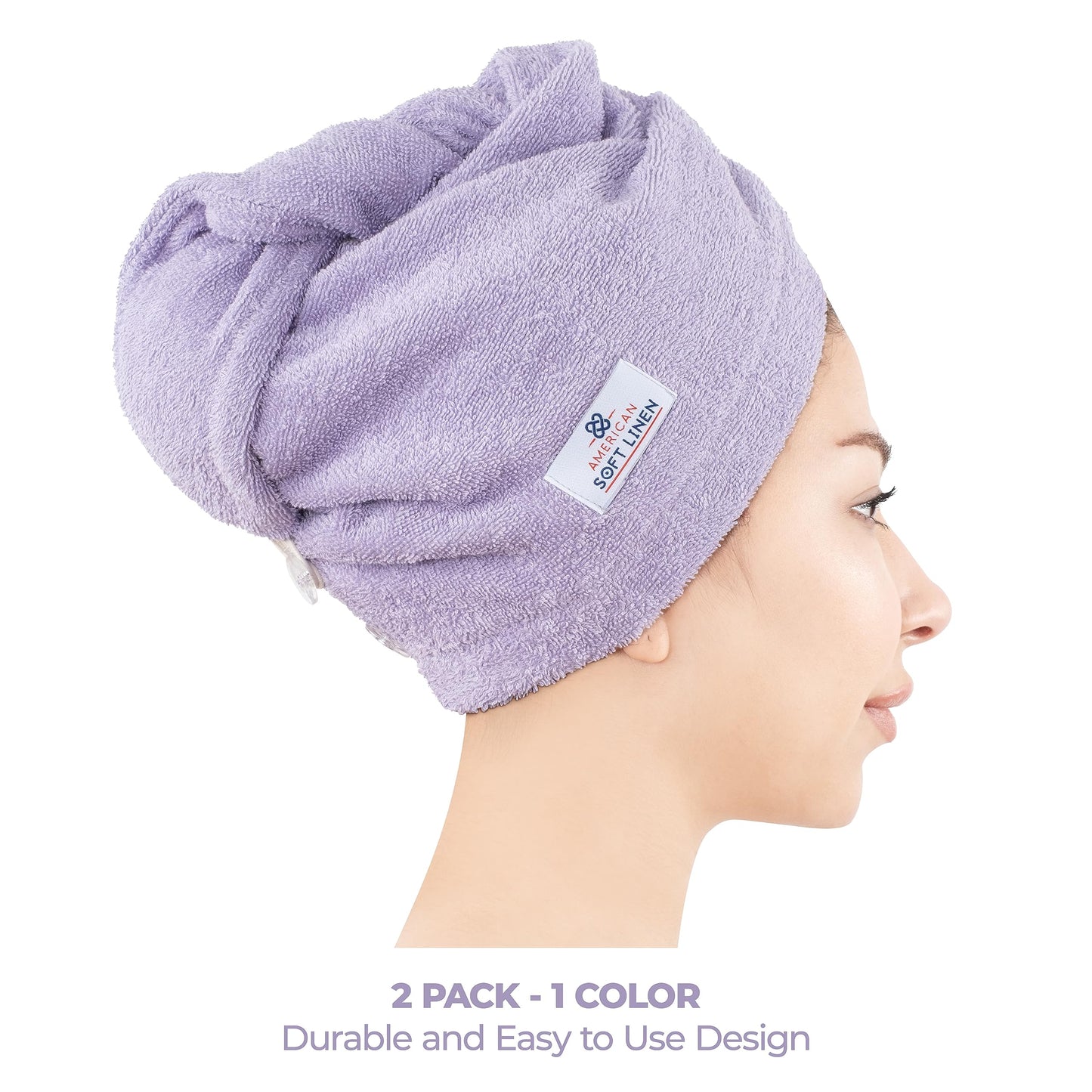 American Soft Linen 100% Cotton Hair Towels for Women, Head Towel Cap, Cotton Hair Turban Towel Wrap for Long Curly Anti Frizz Hair, Soft and Absorbent Cotton Hair Towels 2 Pack, Lilac