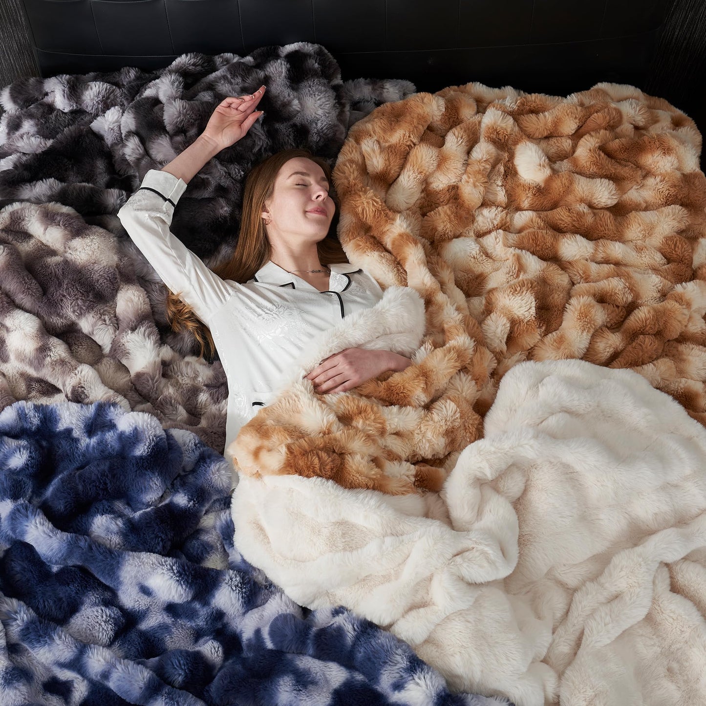Amélie Home Faux Fur Throw Blanket for Couch, Fuzzy Soft Plush Thick Bubble Blanket for Sofa Bedroom Living Room, 50"x60" Inches, Tie-dye Black