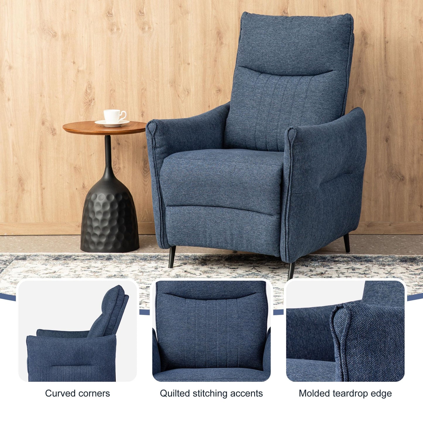 Glitzhome Push Back Recliner Chair Set of 2, Fabric Reclining Single Sofa for Adults Home Theater Seating with 3-Position Adjustable Footrest & Backrest, Wide Seat, Navy Blue