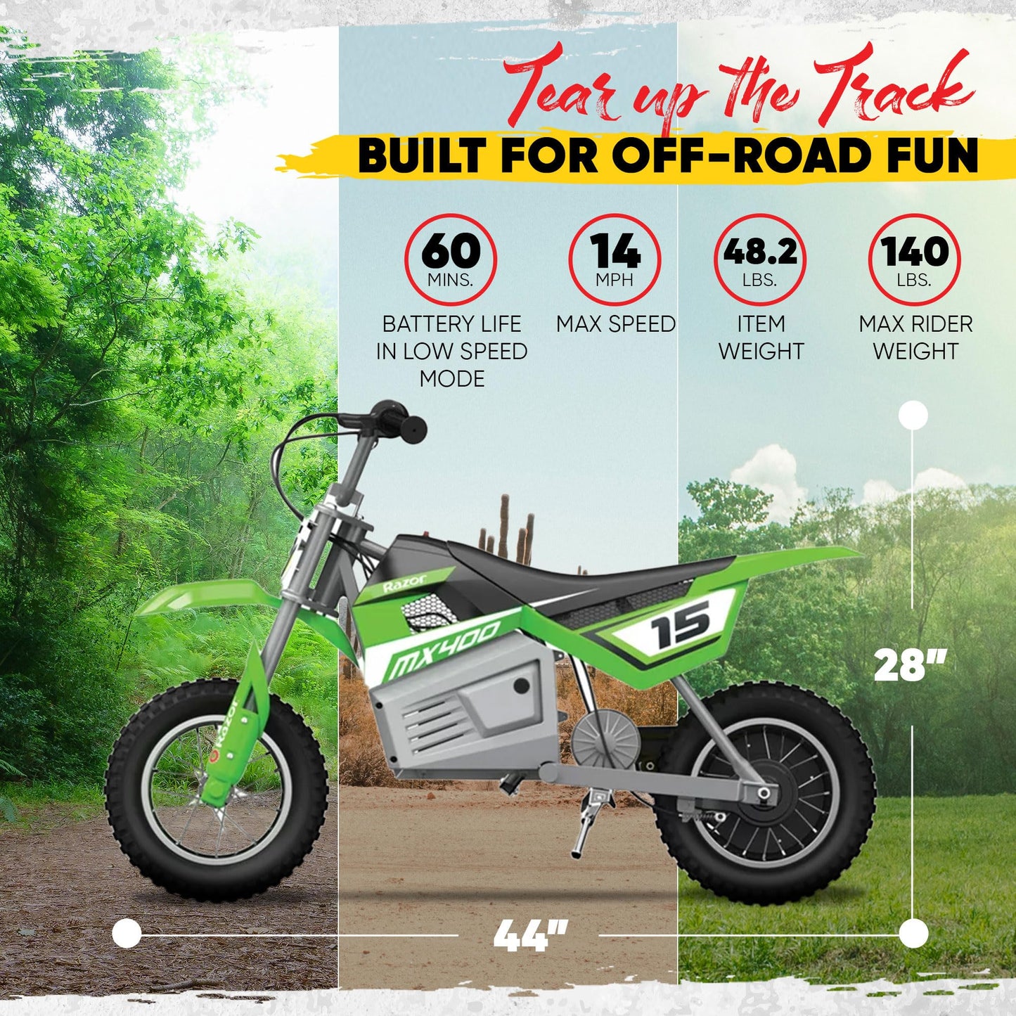 Razor MX400 Dirt Rocket – 14 MPH (22 KMH) Off-Road Electric Dirt Bike, High-Torque Motor, 30 Min Ride Time, Adjustable Handlebars, Ages 13+, Green