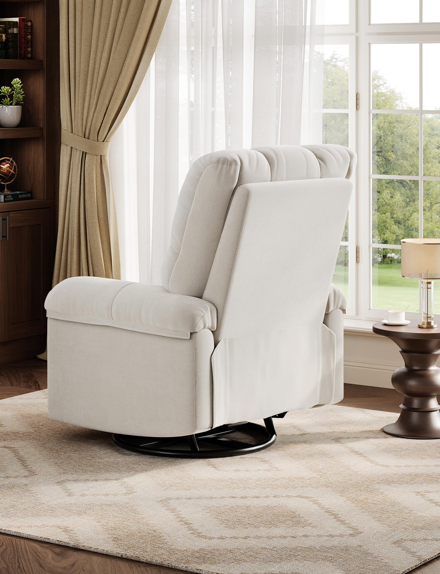 GarveeHome Manual Recliner Chair, Comfy Swivel Rocker Chair for Adults, Ergonomic High Back Silent Nursery Glider, Upholstered Fabric Reclining Sofa Chair for Living Room (Beige)