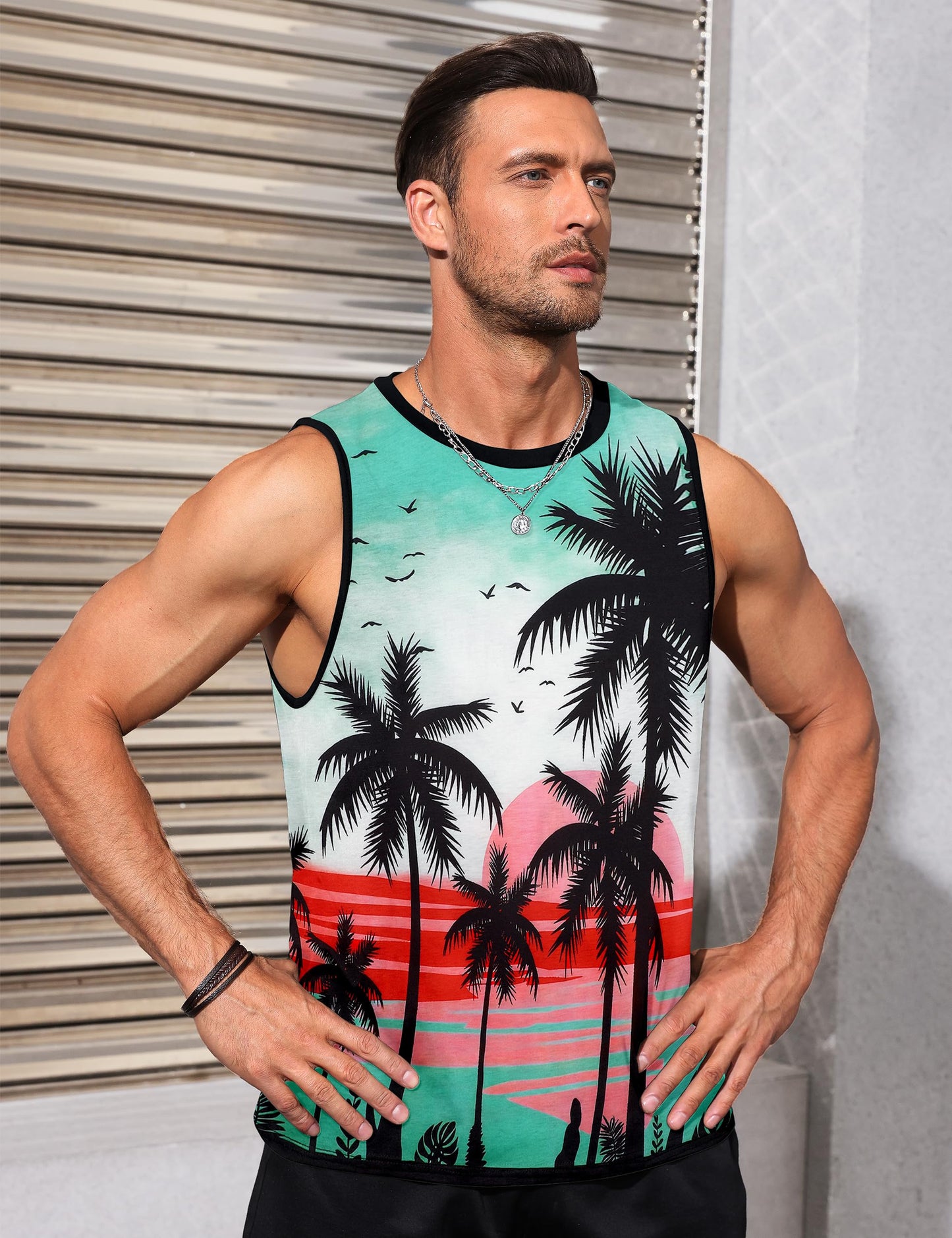 Gosuif Tank Tops Men Sleeveless Shirts for Men Men's Tank Tops Summer Beach Palm Tree Tank Tops Muscle Workout Gym Sleeveless Tank Shirts Green Hawaiian Men's Tank Shirts