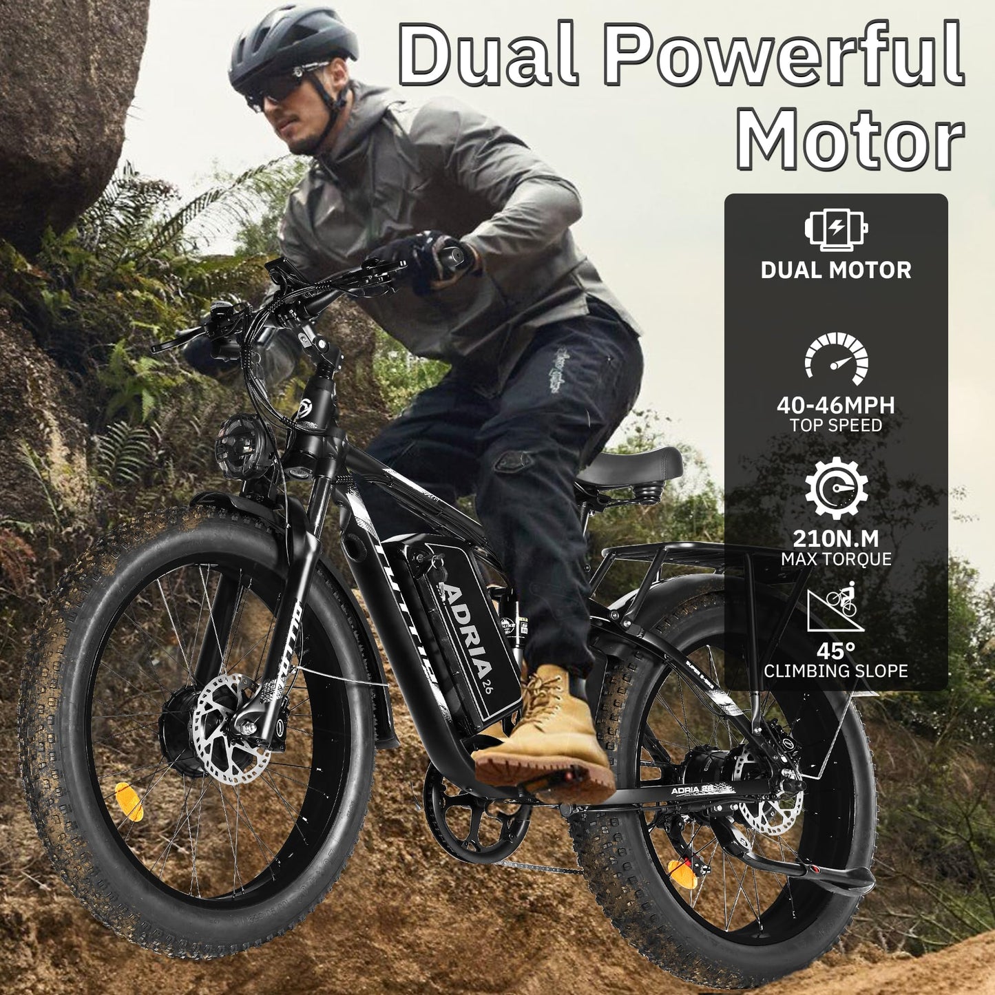 TUTTIO Electric-Bike for Adults-Men, Dual-Motor-Ebike 40-46MPH, 52V 30AH Long Range Electric Bicycle, 26" Fat Tire Dirt-Bike, Full Suspension Mountain Bike for Off-Road Snow Sand Hunting (Black)