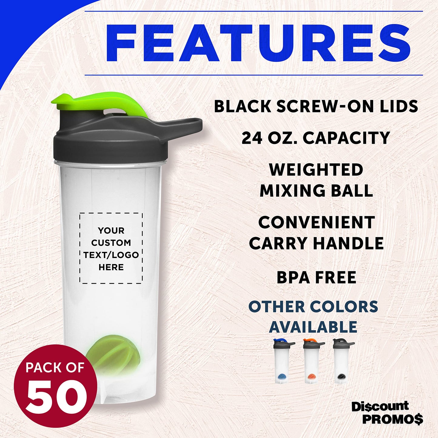 DISCOUNT PROMOS Custom Plastic Shaker Bottles with Mixer 24 oz. Set of 50, Personalized Bulk Pack - Perfect for Protein Shake, Smoothie and More! - Lime Green
