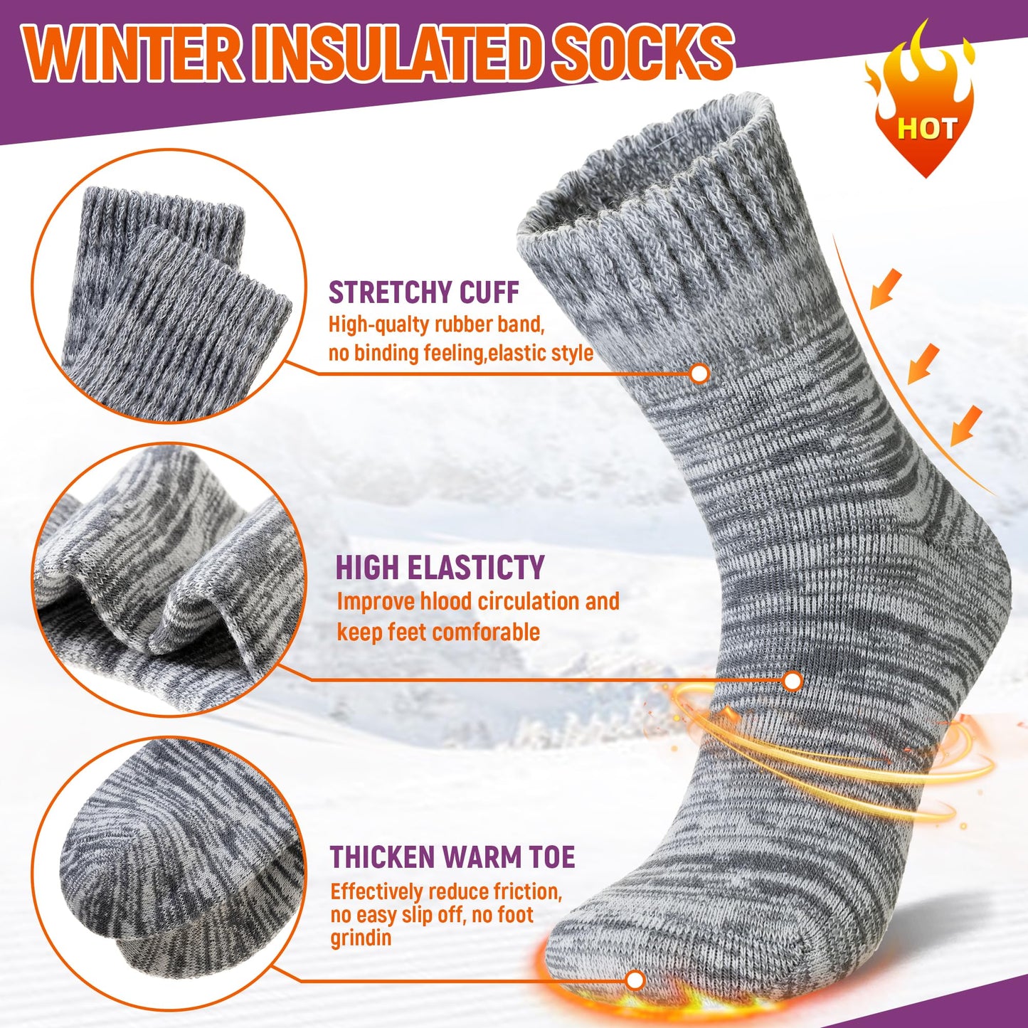AMENLAN Women Heated Socks Ski Winter Thermal Hiking Snowboarding Thick Boot Insulated Socks 3 Pairs (3 Pairs Grey/Blue/Dark Grey)
