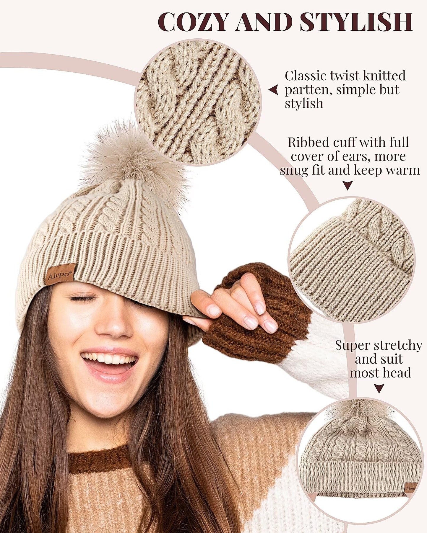 Alepo Womens Winter Beanie Hat, Warm Fleece Lined Knitted Soft Ski Cuff Cap with Pom Pom (Black+White)