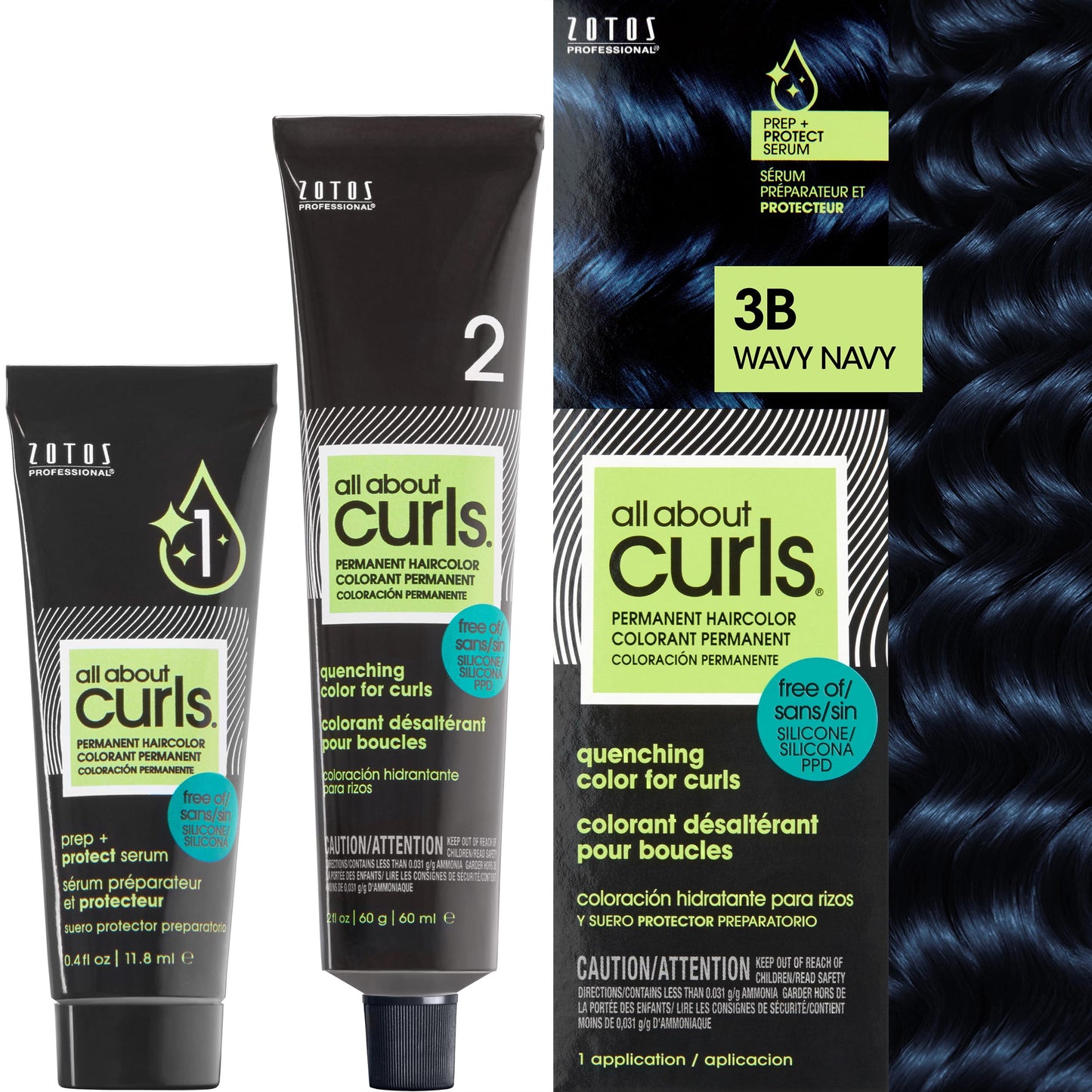 All About Curls 3B Wavy Navy Permanent Hair Color (Prep + Protect Serum & Hair Dye for Curly Hair) - 100% Grey Coverage, Nourished & Radiant Curls
