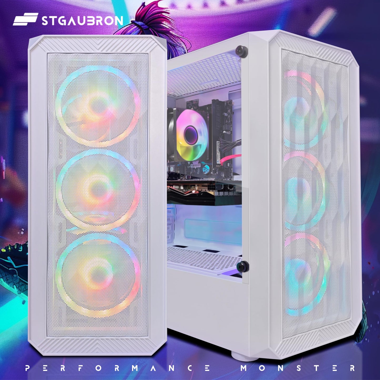 STGAubron Gaming PC Computer Desktop, AMD Athlon 3000G 3.5G, Radeon RX 580 8G GDDR5, 16G DDR4 Memory, 1T SSD, 600M WiFi, BT 5.0, RGB Fan x 4, RGB Mouse Pad, Windows 11 Home,White