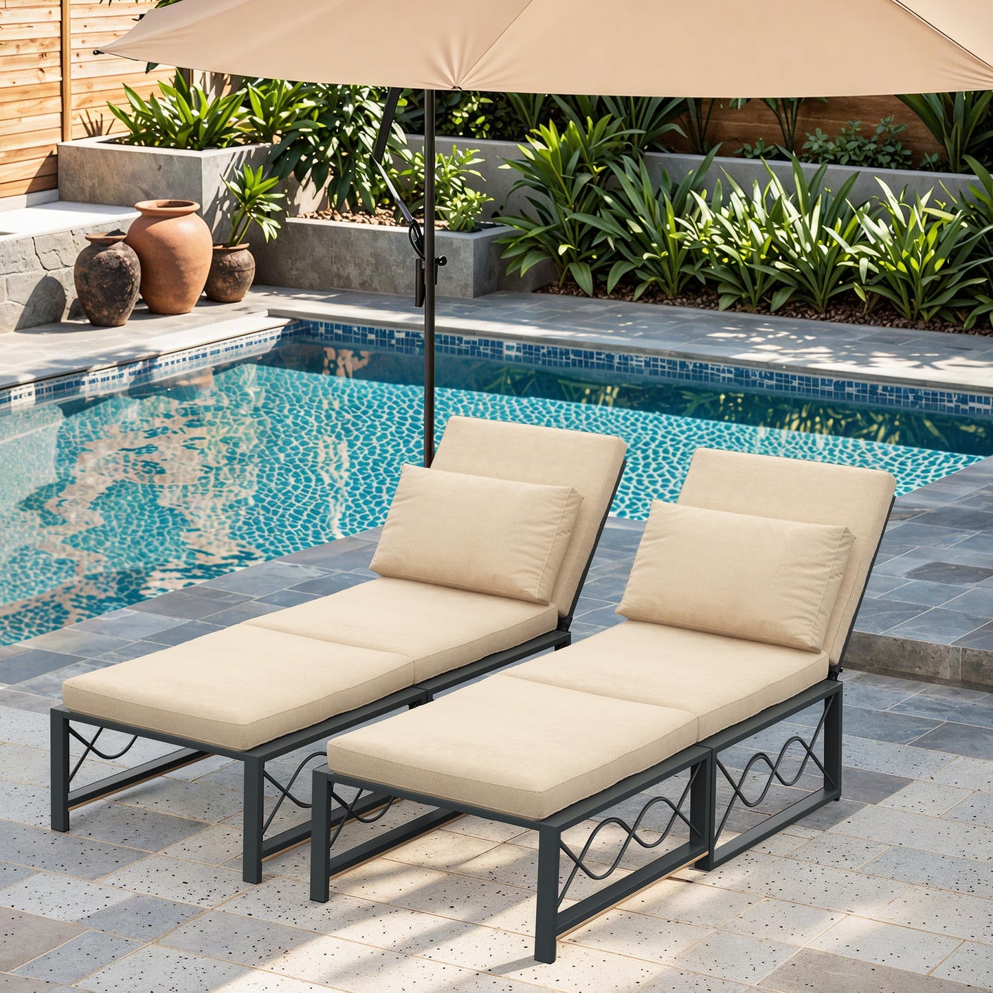 AECOJOY Outdoor Metal Chaise Lounge Chair Set of 2, Patio Convertible Armchair with Cushions, Adjustable 5-Position Recliner with Full Flat Tanning Function for Outside, Pool, Beige, 2 Pack