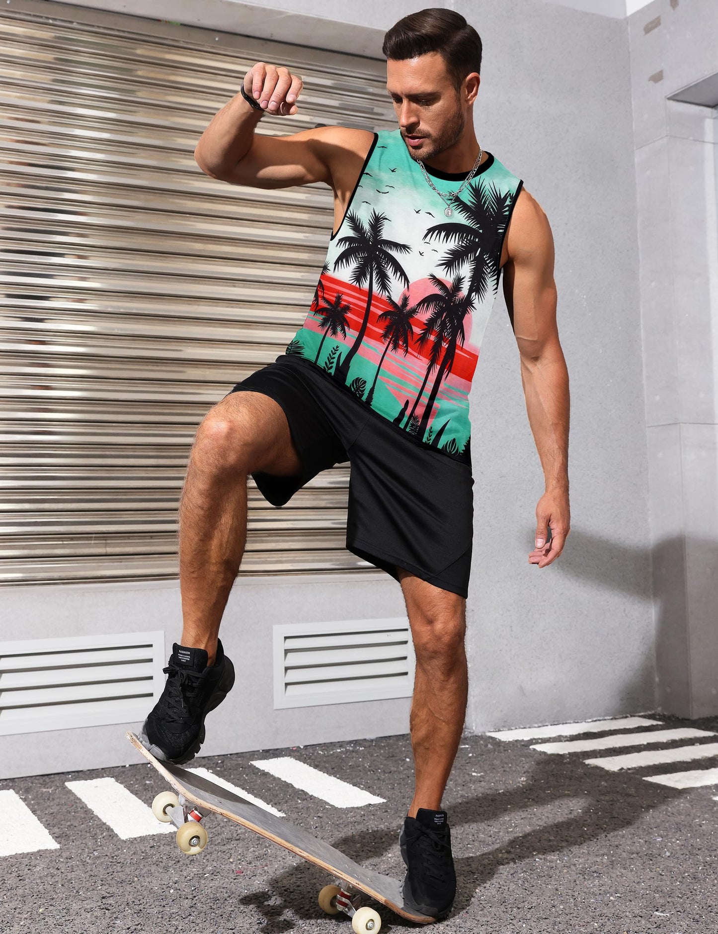 Gosuif Tank Tops Men Sleeveless Shirts for Men Men's Tank Tops Summer Beach Palm Tree Tank Tops Muscle Workout Gym Sleeveless Tank Shirts Green Hawaiian Men's Tank Shirts