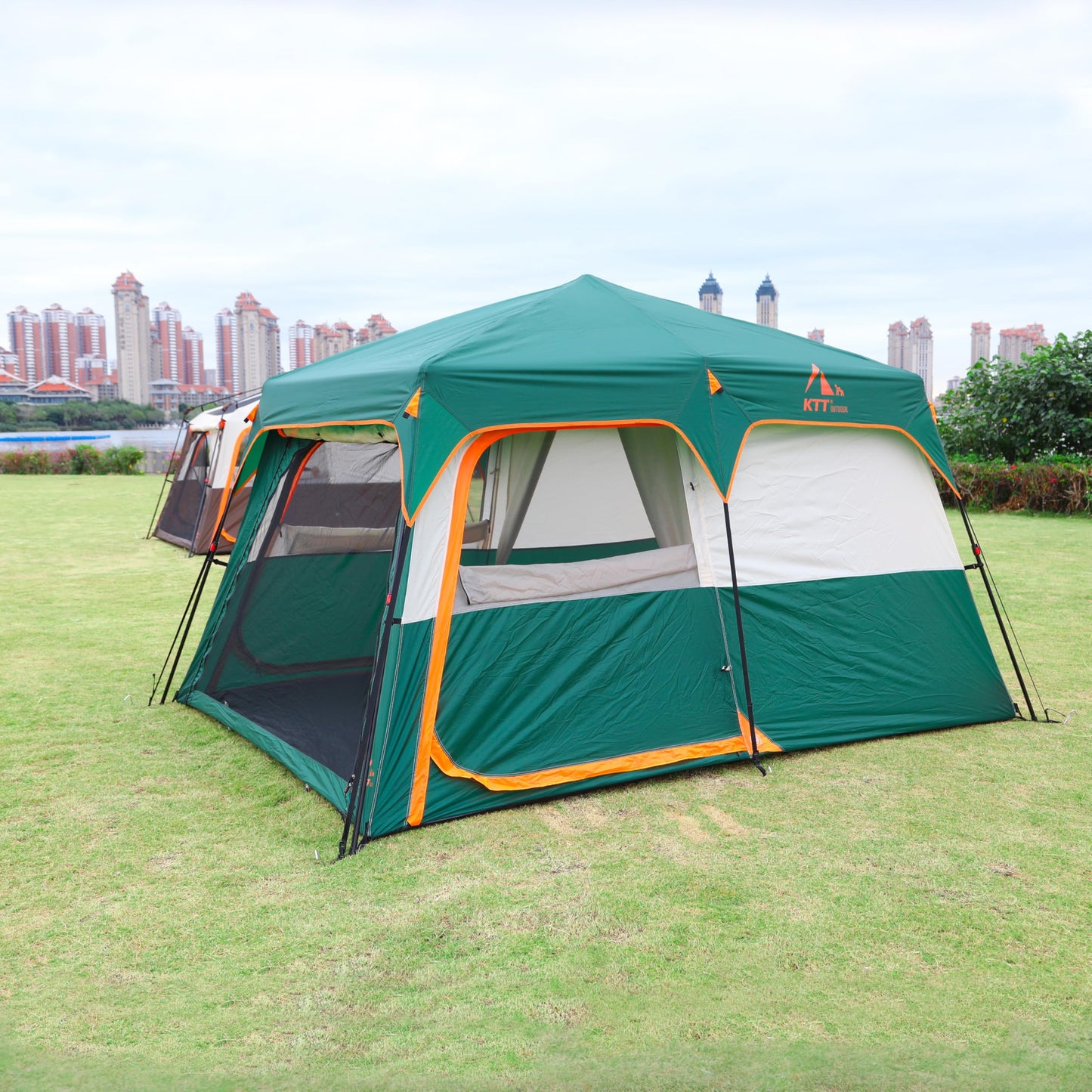 KTT Instant Tent 6-8 Person A,Large Family Cabin Tents,Automatic Tent Build Quickly in 60S,2 Rooms,2 Top Windows,3 Doors and 3 Windows with Mesh,Waterproof,Big Tents for Outdoor,Picnic,Camping(Green)