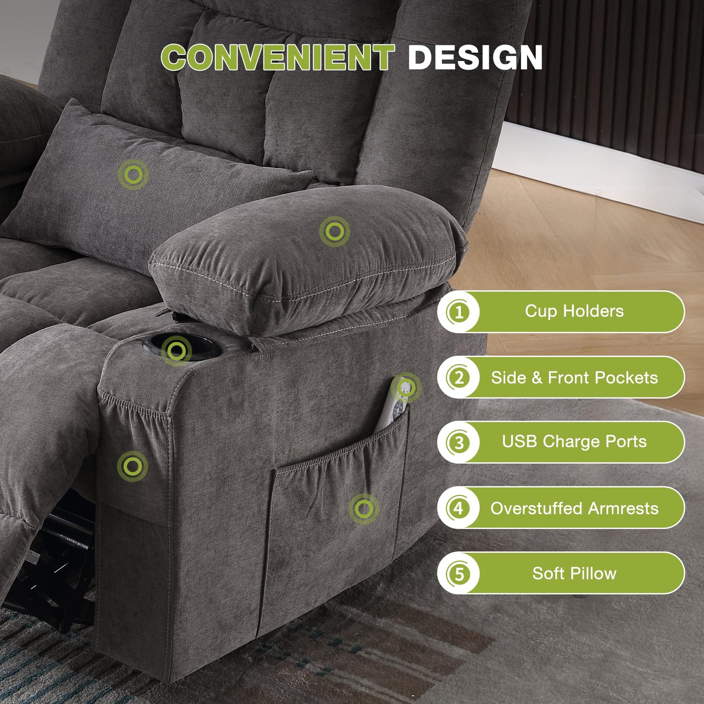 Massage Swivel Recliner Chair, Oversized Rocker Recliner with Vibration Massage and Lumbar Heat Ergonomic Rocker Chair for Living Room with Side Pocket, 2 Cup Holders, USB Charge Port