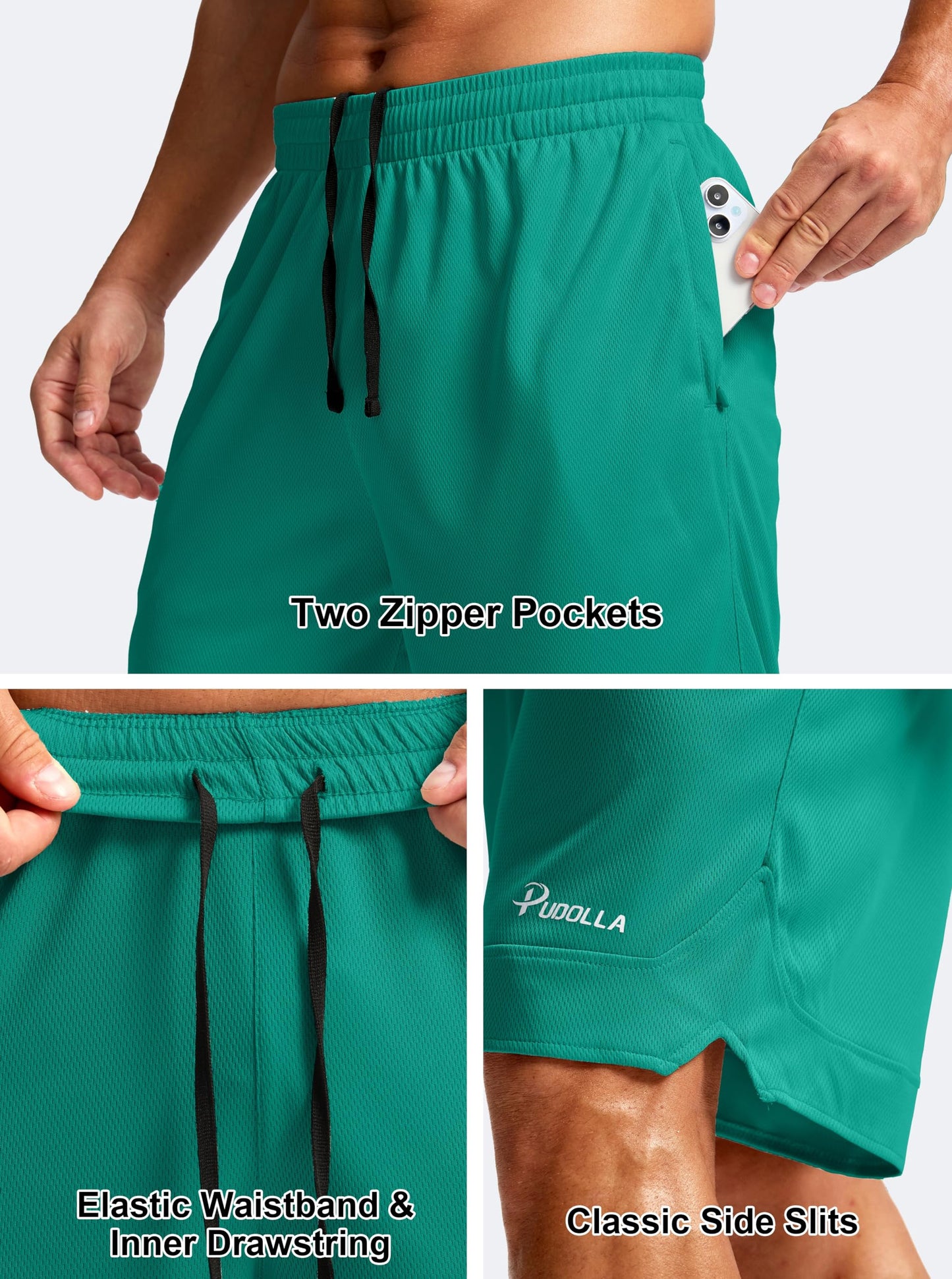 Pudolla Men's Basketball Shorts with Zipper Pockets 11" Long Gym Athletic Shorts for Men Lightweight Quick Dry(green x-large)
