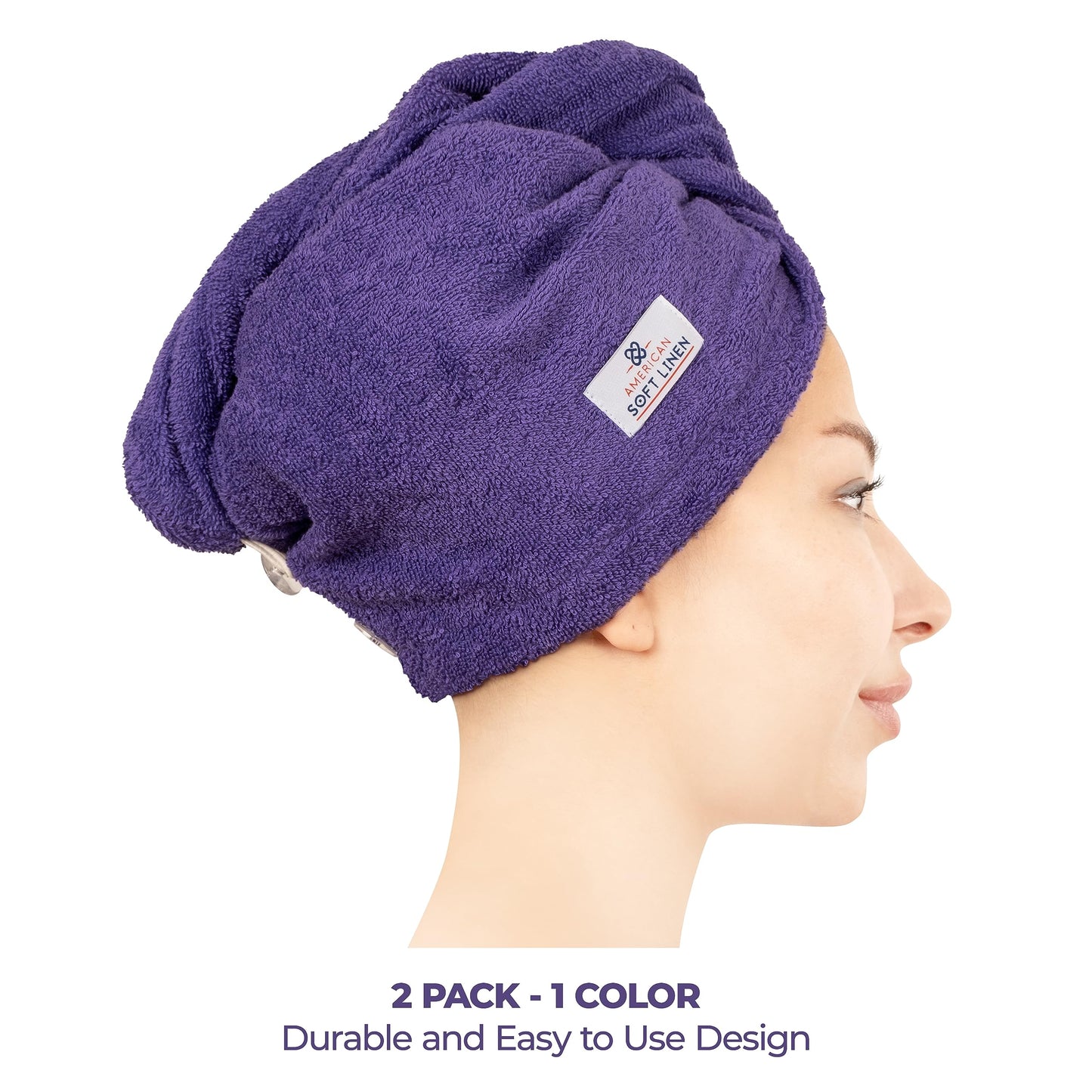 American Soft Linen 100% Cotton Hair Towel Cap and Wrap for Long Curly Anti Frizz Hair, Absorbent 2 Pack, Purple
