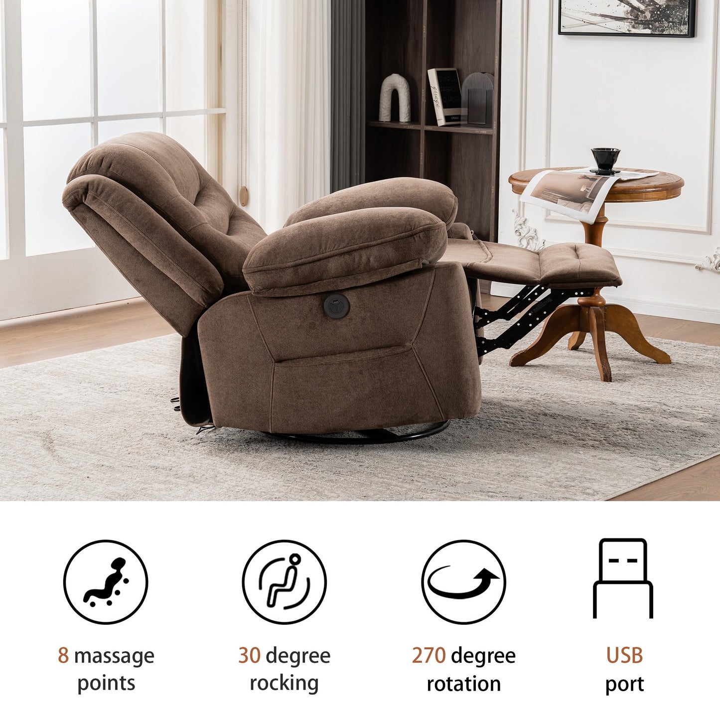 Ketaiyou Power Swivel Rocker Recliner with Massage and Heat, USB Port, Infinite Position, Overstuffed Electric Glider Rocking Chairs Living Room, Soft Fabric Reclining Sofa Chair(Mocha)