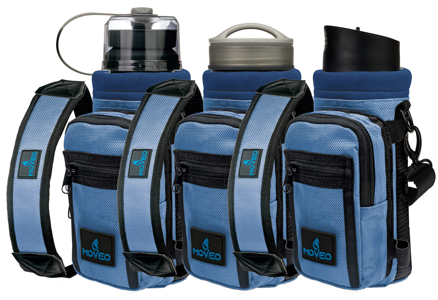 Moveo Water Bottle Holder/Carrier, Insulated w/Adjustable Shoulder Strap & Front Pockets - Comfortable Crossbody Water Bottle Holder - Water Bottle Sling Fits 16oz to 25oz Bottles