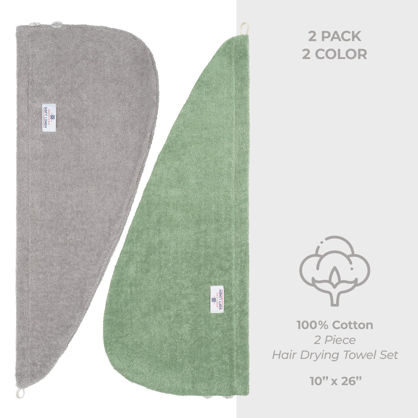 American Soft Linen 100% Cotton Hair Towels for Women, Head Towel Cap, Cotton Hair Turban Towel Wrap for Hair, Soft and Absorbent Cotton Hair Towels 2 Pack, Sage Green-Light Gray