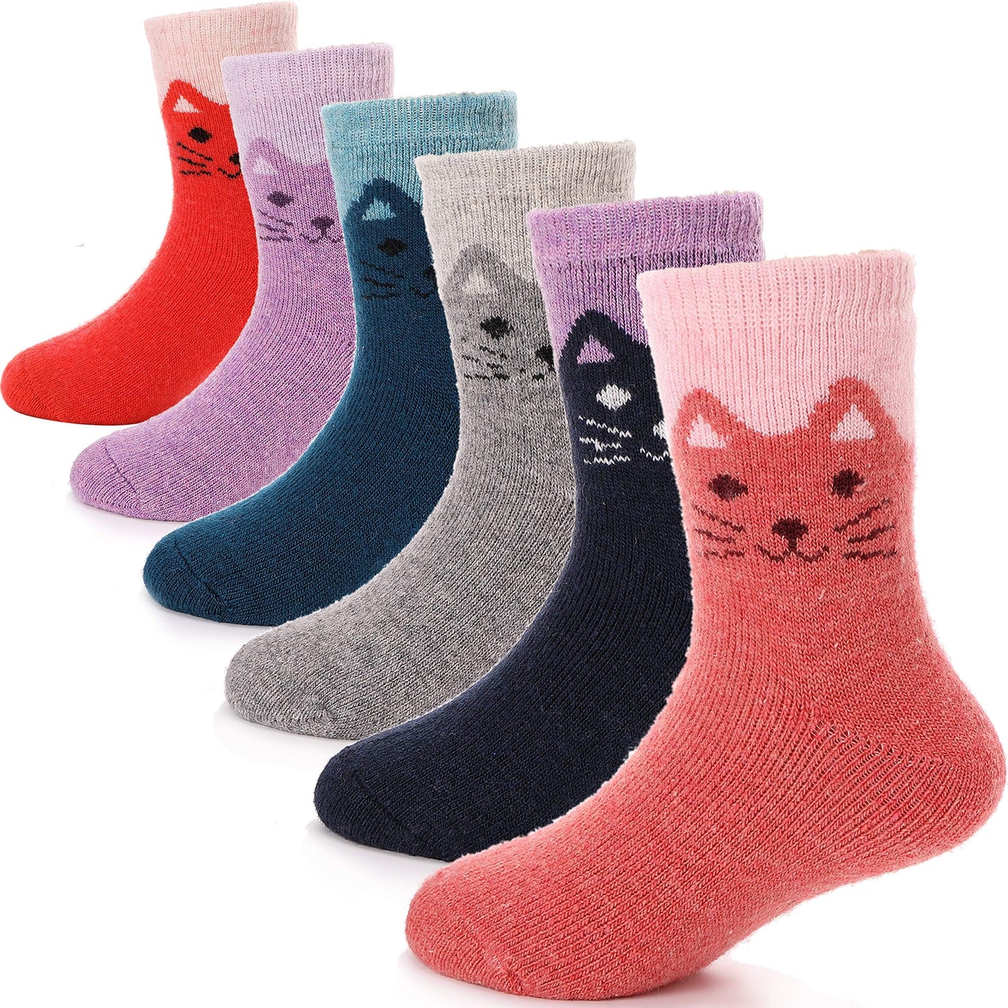 ANTSANG Kids Merino Wool Hiking Socks Toddlers Boys Girls Winter Warm Thick Thermal Crew Boot Heavy Cozy Snow Cabin Gift Snowboarding Socks 6 Pairs for Child(Cat,4-7Y)