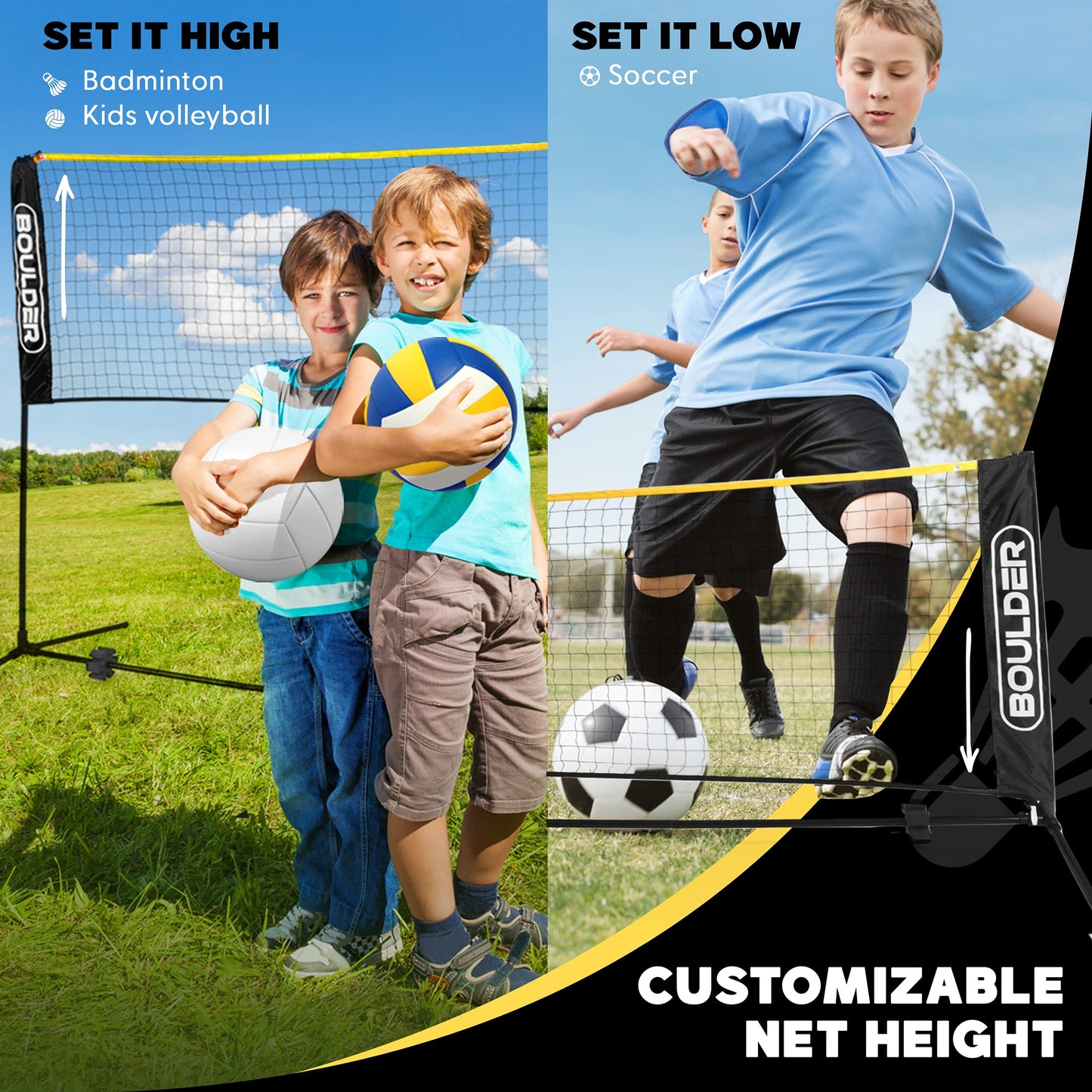 Boulder Badminton Pickleball Net - Height Adjustable Portable Net for Junior Tennis, Kids Volleyball & Soccer, and Backyard Games - Easy Setup Nylon Sports Net with Poles 10 ft/14ft/17ft Wide