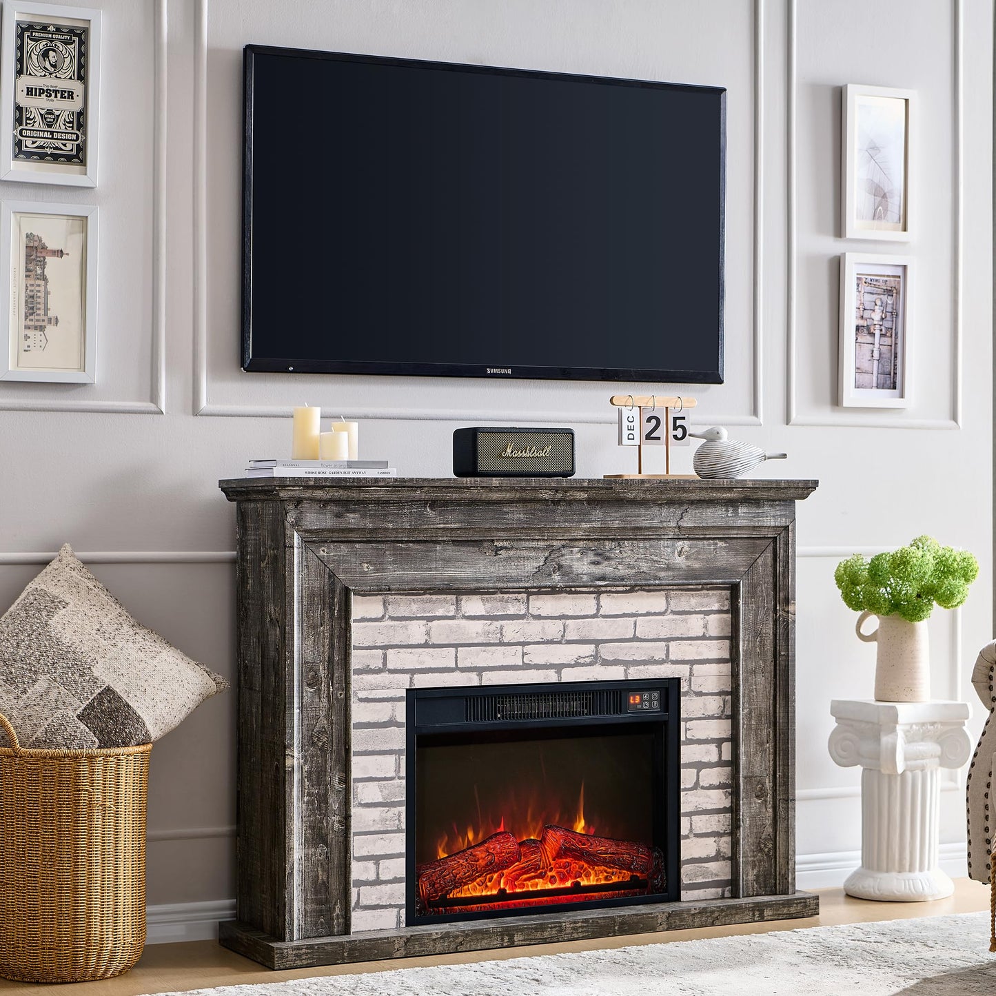 Aitjunz 45" Flip Top Electric Fireplace with Mantel, Electric Fireplace Heater, TV Stand with Freestanding Electric Fireplaces, Remote Control, Adjustable Flame Level for Living Room (Light Grey)