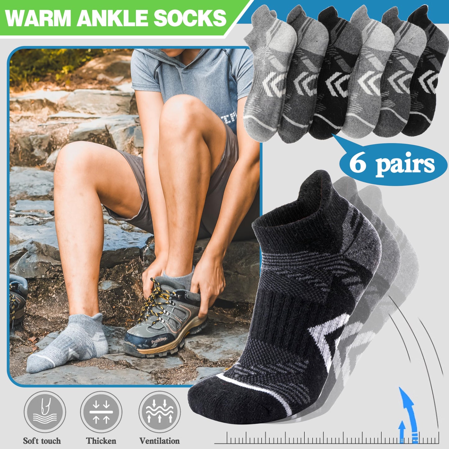 ANTSANG Merino Wool Ankle Hiking Socks Compression Warm Thermal Thick Cushion Winter Running No Show Moisture Wicking Socks Gifts Stocking Stuffers for Women Men 6 Pairs(Black Grey,L)
