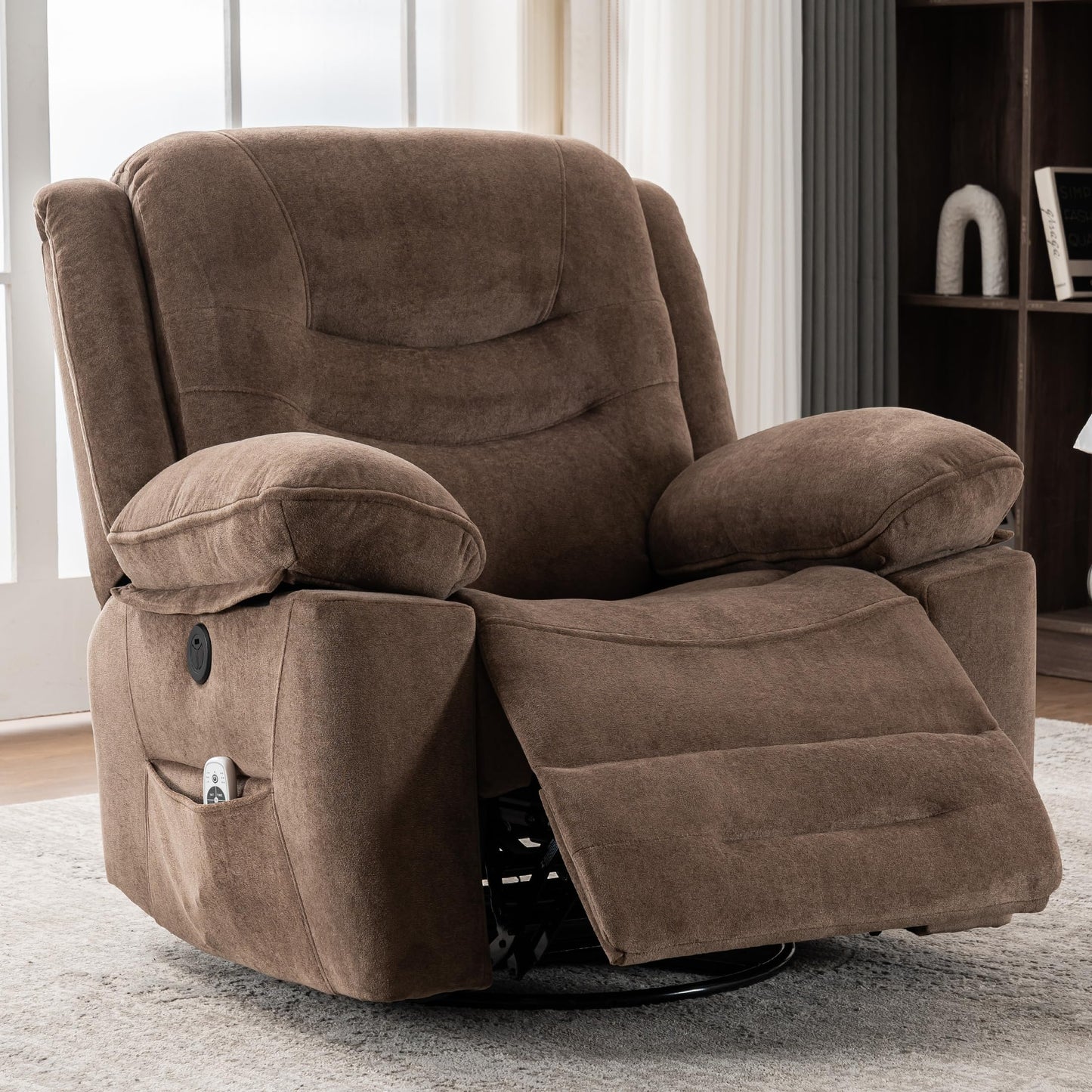 Ketaiyou Power Swivel Rocker Recliner with Massage and Heat, USB Port, Infinite Position, Overstuffed Electric Glider Rocking Chairs Living Room, Soft Fabric Reclining Sofa Chair(Mocha)