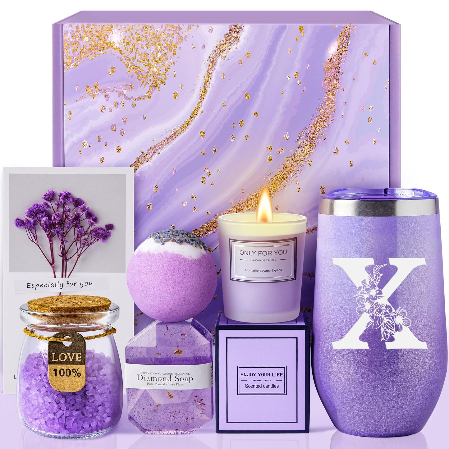 Birthday Gifts for Women, Relaxing Lavender Spa Gift Basket Set with 20oz Monogram Initial Tumbler for Mom Wife Sister Aunt Teacher Nurse, Wedding Gifts, Bridesmaid Gifts, Best Friend Gifts (J)