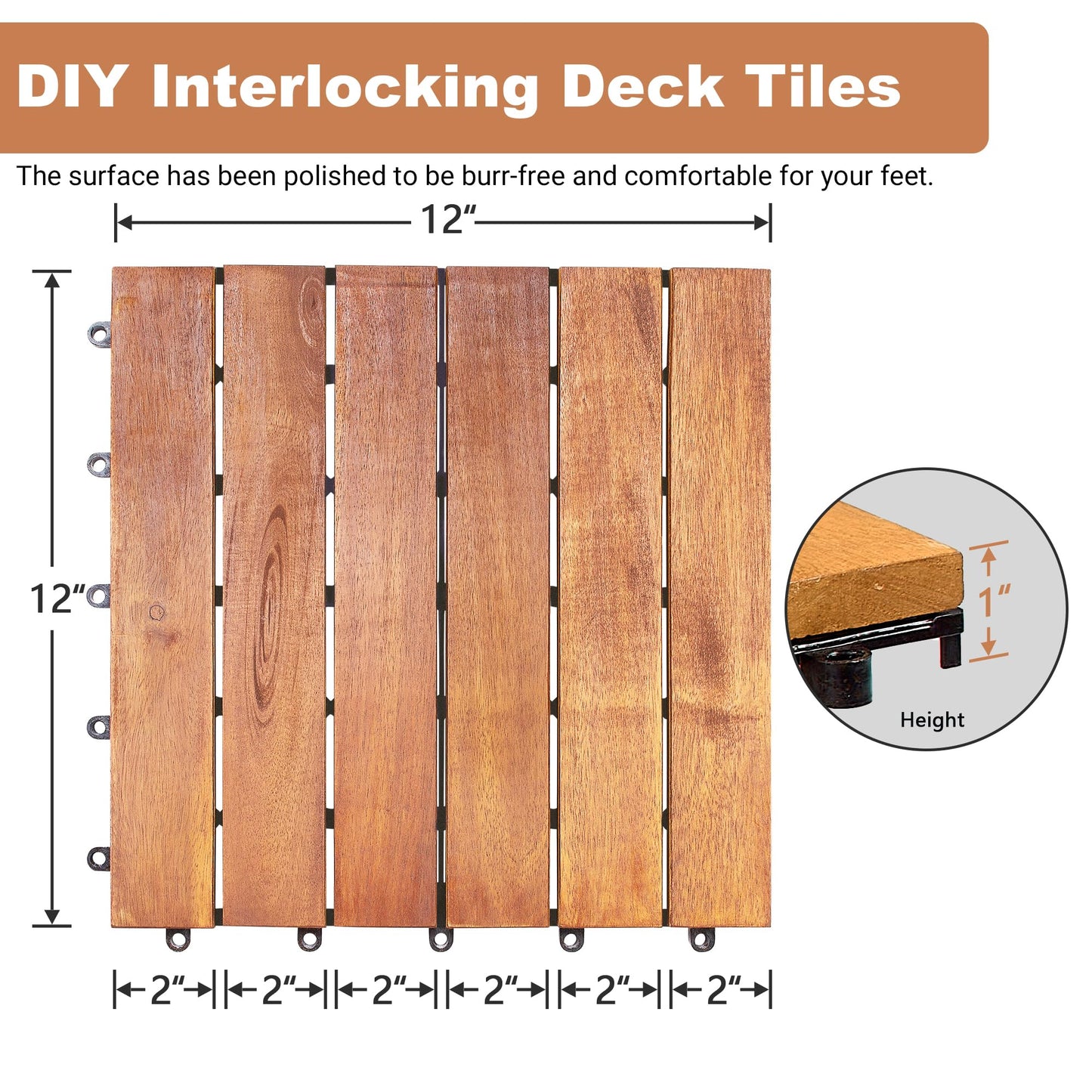 PrimeZone 297 PCS FSC Certified Acacia Wood Interlocking Deck Tiles - 12" x 12" Waterproof Indoor Outdoor Patio Flooring Decking Tiles for Balcony, Backyard & Poolside, All Weather Use, Natural Wood