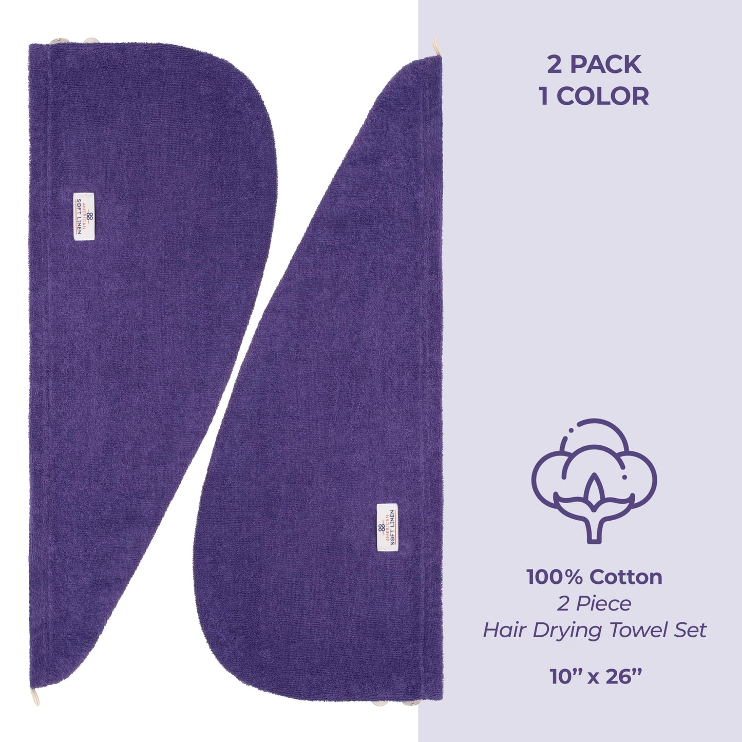 American Soft Linen 100% Cotton Hair Towel Cap and Wrap for Long Curly Anti Frizz Hair, Absorbent 2 Pack, Purple