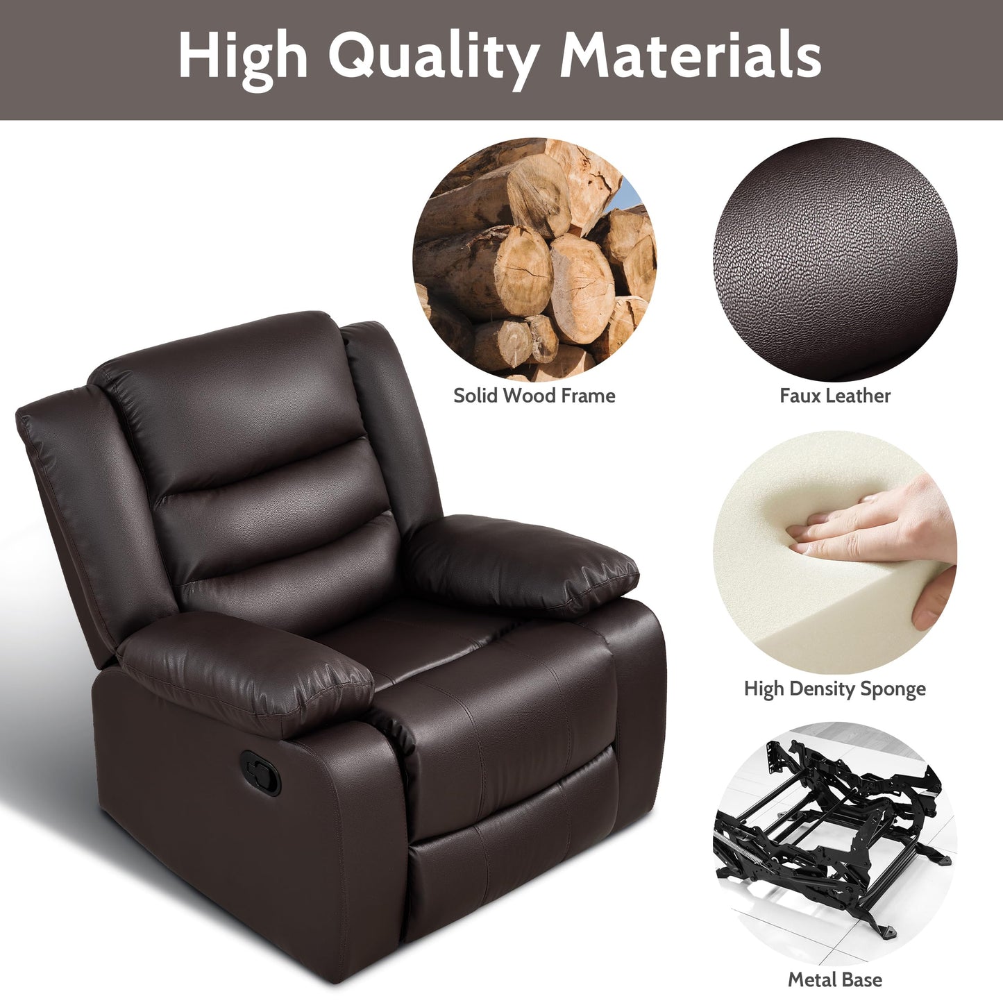 PrimeZone Oversized Rocker Recliner Chair - Comfy Wide Lazy Boy Recliner Chair with Overstuffed Armrest, Faux Leather Manual Reclining Chairs for Living Room, Bedroom, Home Theater Seating, Brown