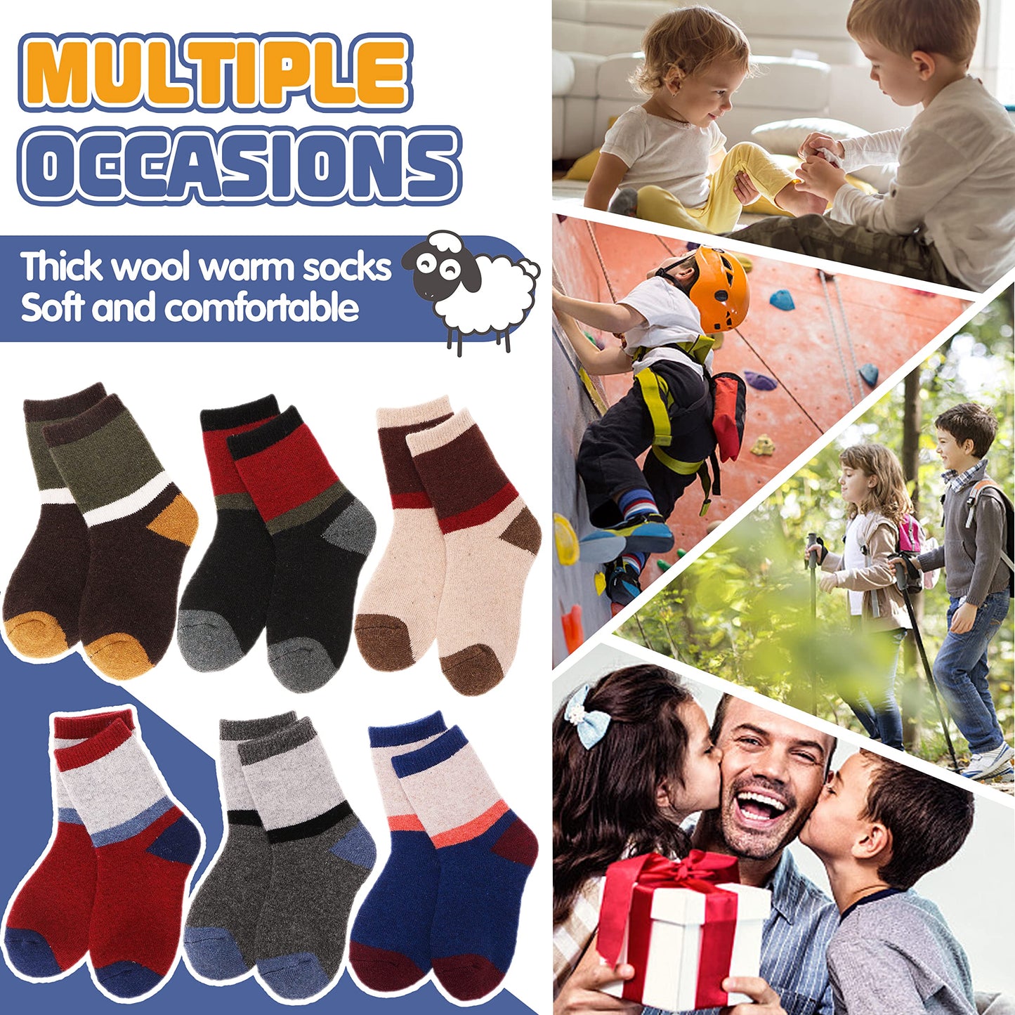 ANTSANG Kids Wool Hiking Socks Toddlers Boys Girls Warm Thick Thermal Crew Boot Heavy Cozy Snow Cabin Winter Gift Snowboarding Socks 6 Pairs(Color Striped D,4-7 Y)