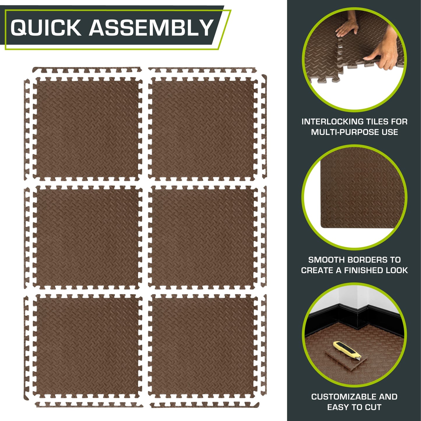 ProsourceFit Puzzle Exercise Mat ½ in, EVA Interlocking Foam Floor Tiles for Home Gym, Mat for Home Workout Equipment, Floor Padding for Kids, Brown, 24 in x 24 in x ½ in, 24 Sq Ft - 6 Tiles