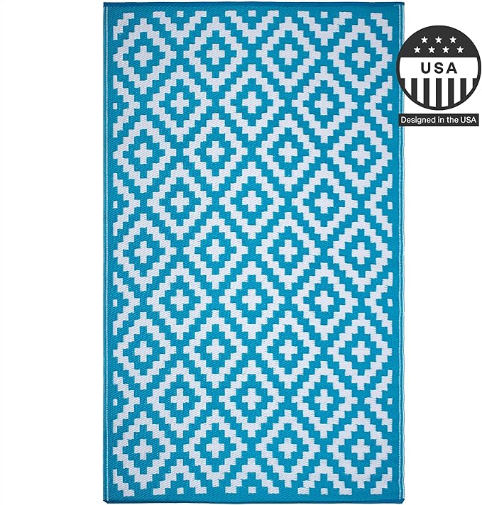 FH Home Outdoor Rug - Waterproof, Fade Resistant, Reversible - Premium Recycled Plastic - Geometric - Large Patio, Deck, Sunroom, Camping, RV - Aztec - Teal & White Crease Free - 6 x 9 ft