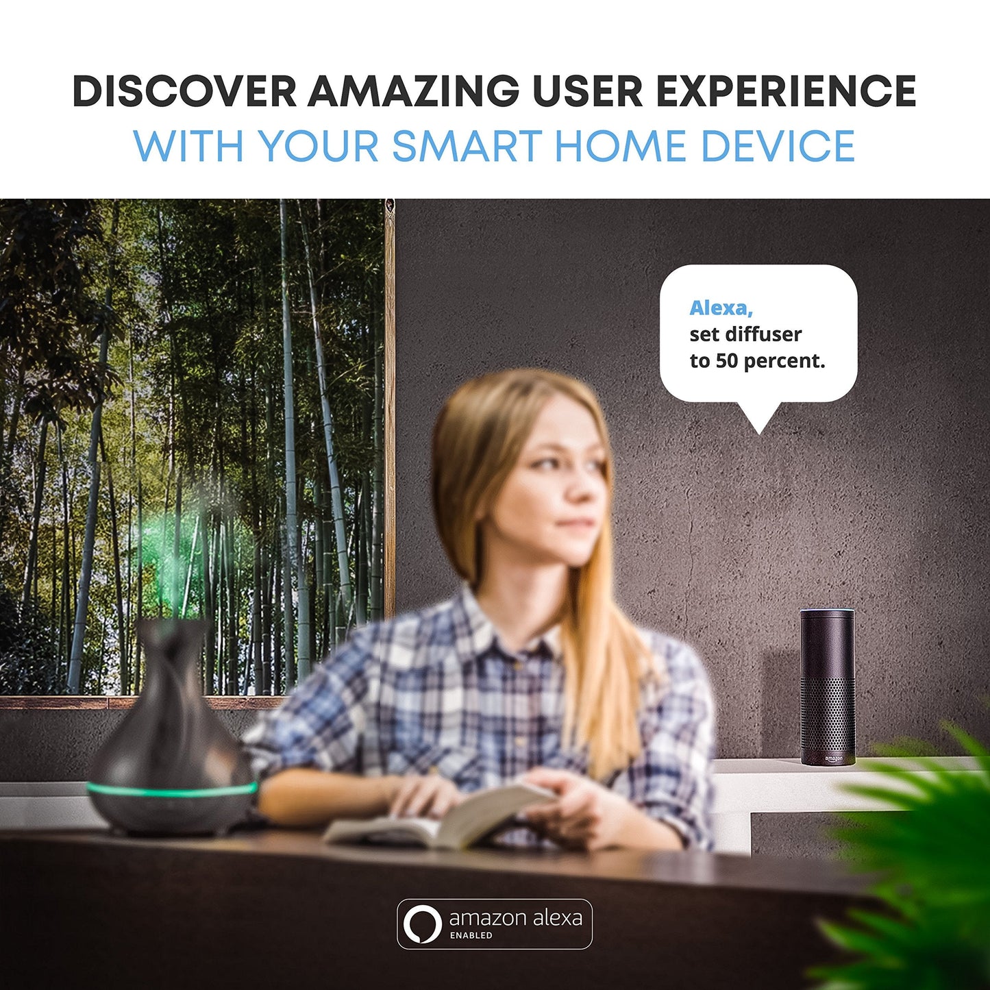 Sierra Modern Home Smart WiFi Wireless Essential Oil Aromatherapy 400ml Ultrasonic Diffuser & Humidifier with Alexa & Google Home Phone App & Voice Control - LED & Timer Settings Dark Brown