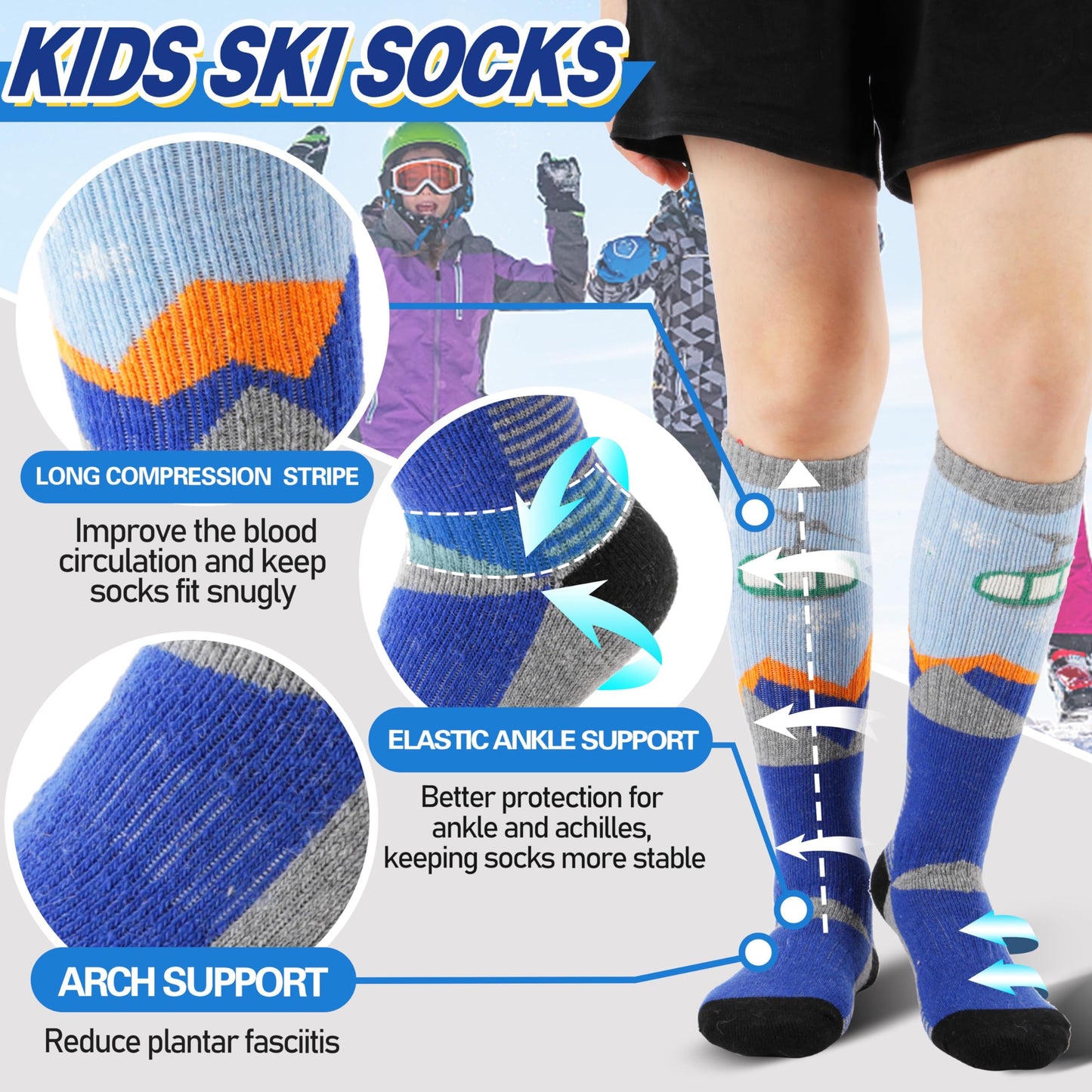 ANTSANG Kids Merino Wool Ski Socks for Girls Boys Teen Thermal Thick Warm Winter Hiking Knee High Stocking Stuffers Socks for Skiing Snowboarding(Skate A,8-12 Y)