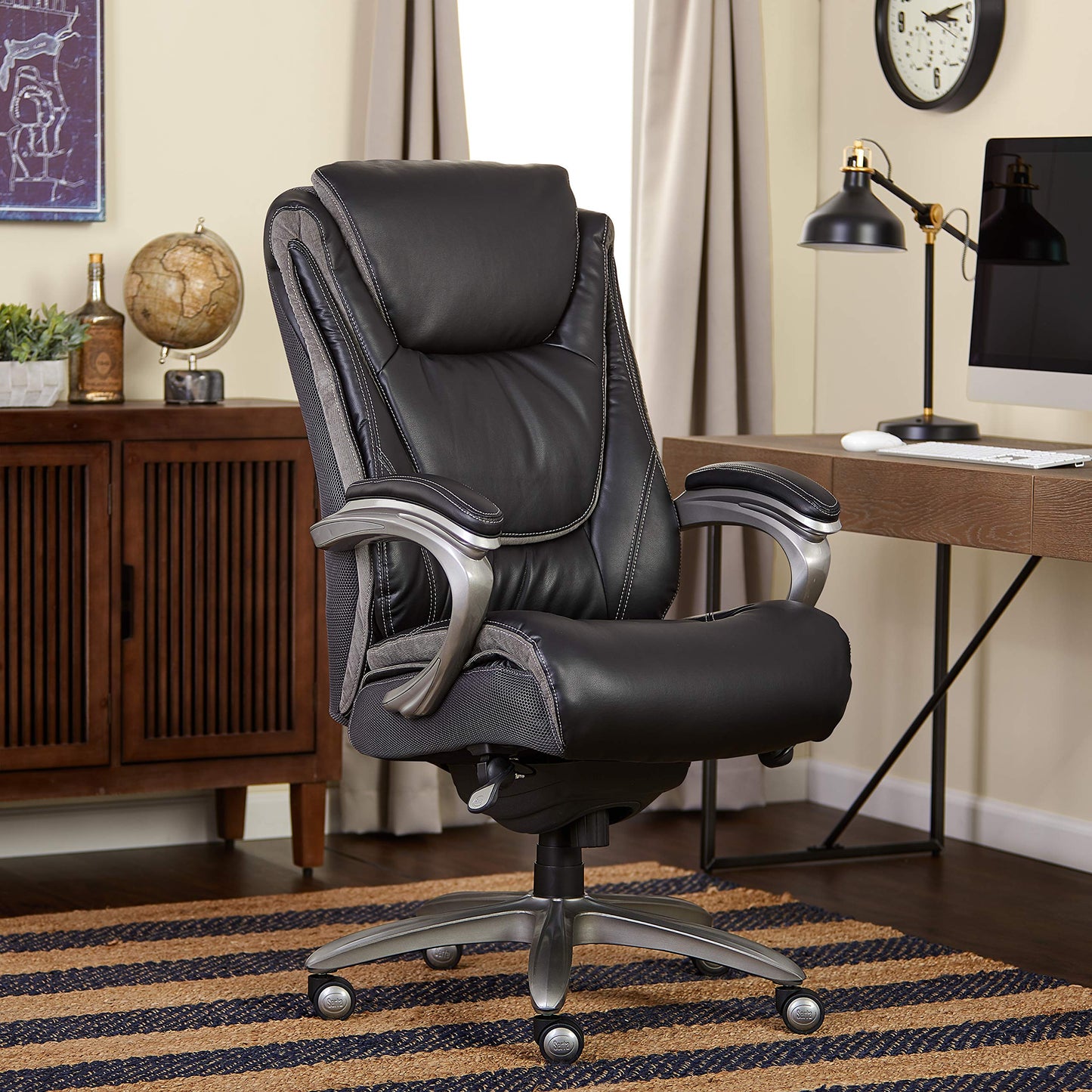 Serta Baxter Big and Tall Smart Layers Executive Office Chair with ComfortCoils, Ergonomic Computer Chair with Layered Body Pillows, Black & Gray Bonded Leather