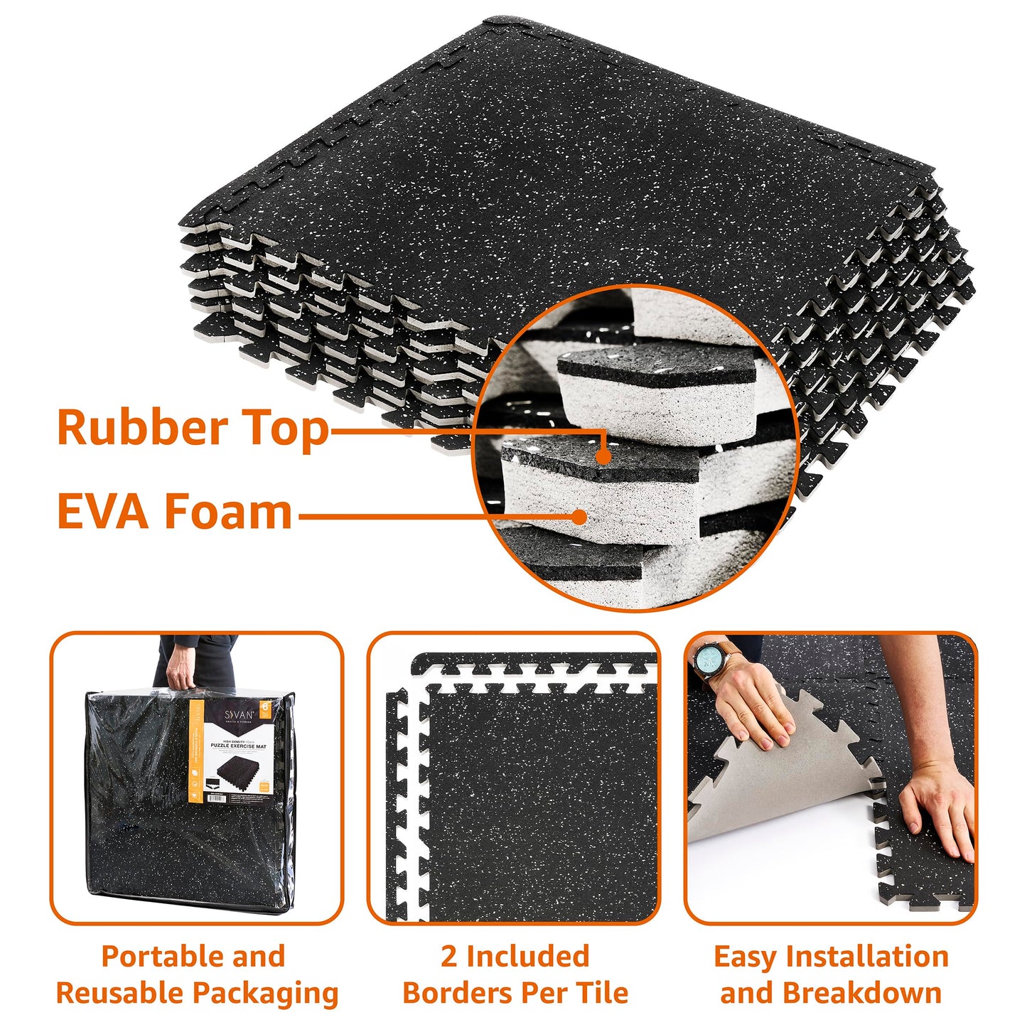 Sivan Fitness 1/2" Thick Rubber Top High Density EVA Foam Gym Flooring for Home Gym - 48 Sq Ft Exercise Mat Tiles for Workout, Yoga, Heavy Exercise Equipment Mat - 12 Interlocking Gym Floor Mat