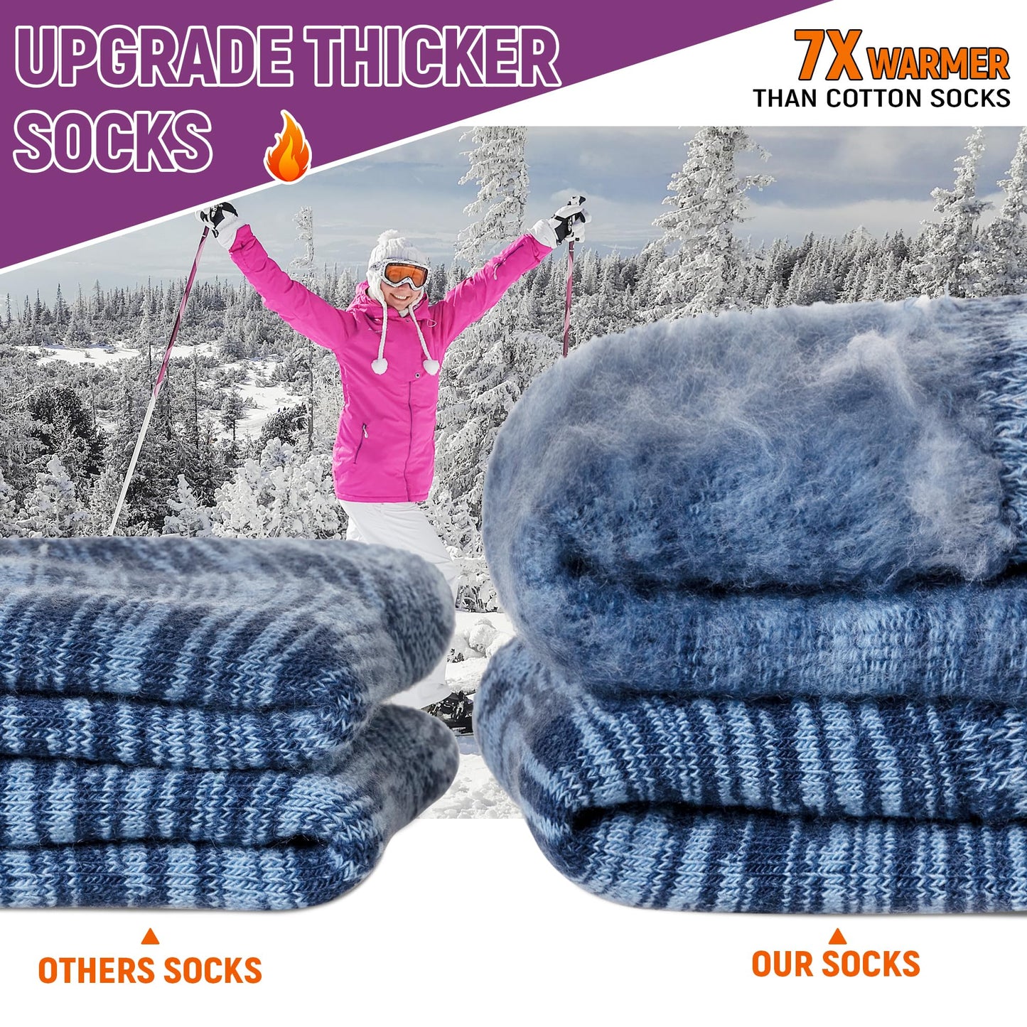 AMENLAN Women Heated Socks Ski Winter Thermal Hiking Snowboarding Thick Boot Insulated Socks 3 Pairs (3 Pairs Grey/Blue/Dark Grey)
