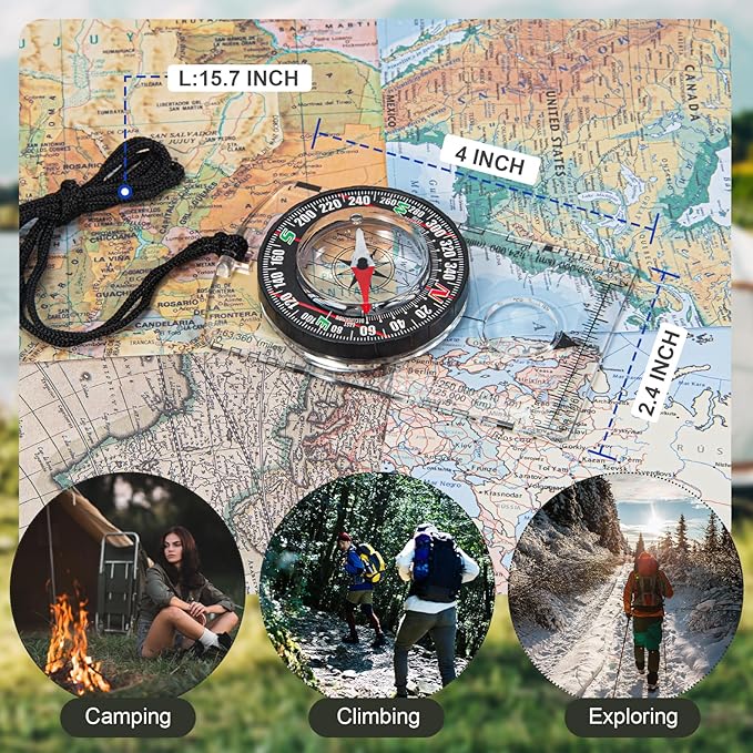 Multipurpose Outdoor Compass for Hiking, Scouting, Camping, and Navigation - Liquid-Filled, Transparent Base with Measuring Scales, Durable and Compact