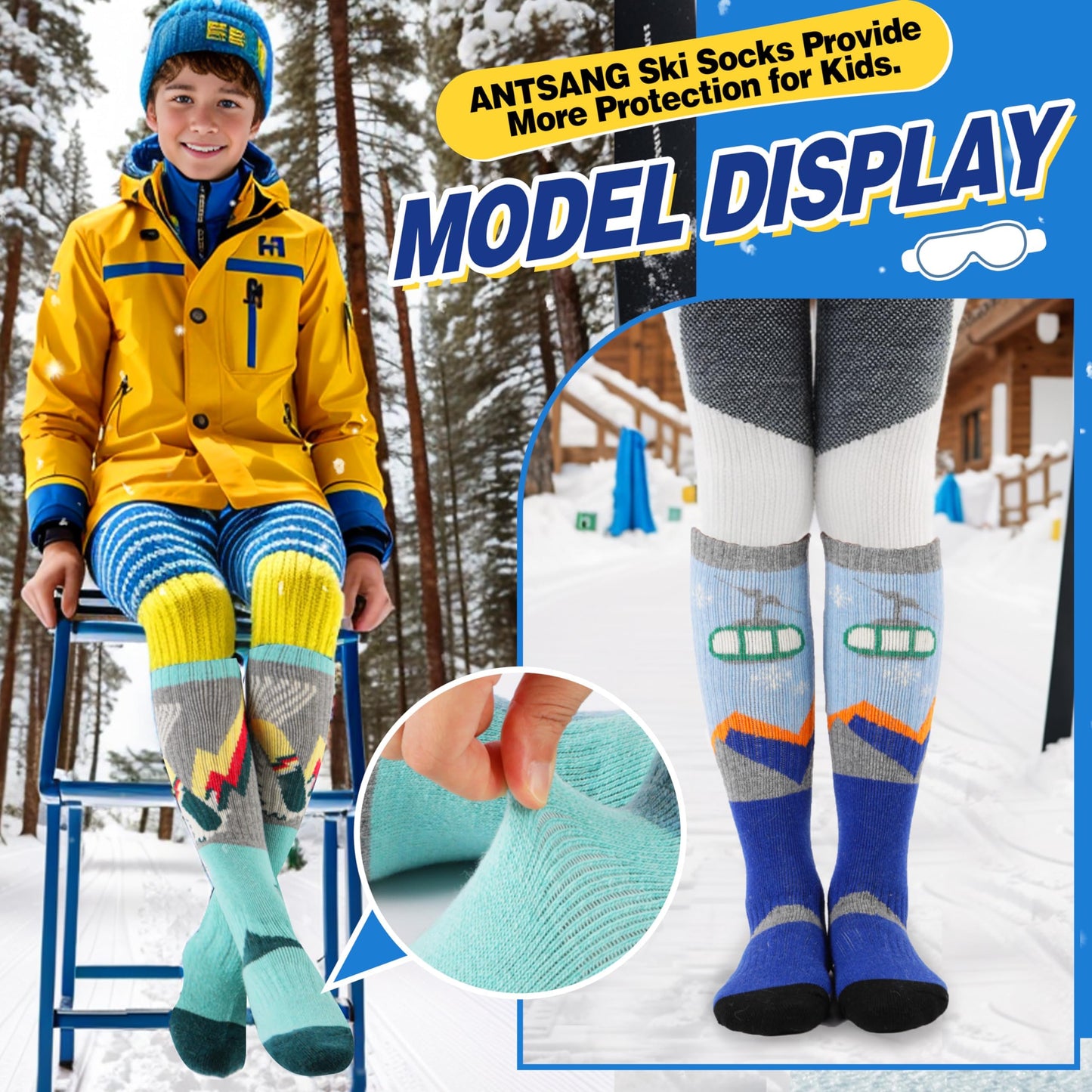 ANTSANG Kids Merino Wool Ski Socks for Girls Boys Teen Thermal Thick Warm Winter Hiking Knee High Stocking Stuffers Socks for Skiing Snowboarding(Skate A,8-12 Y)