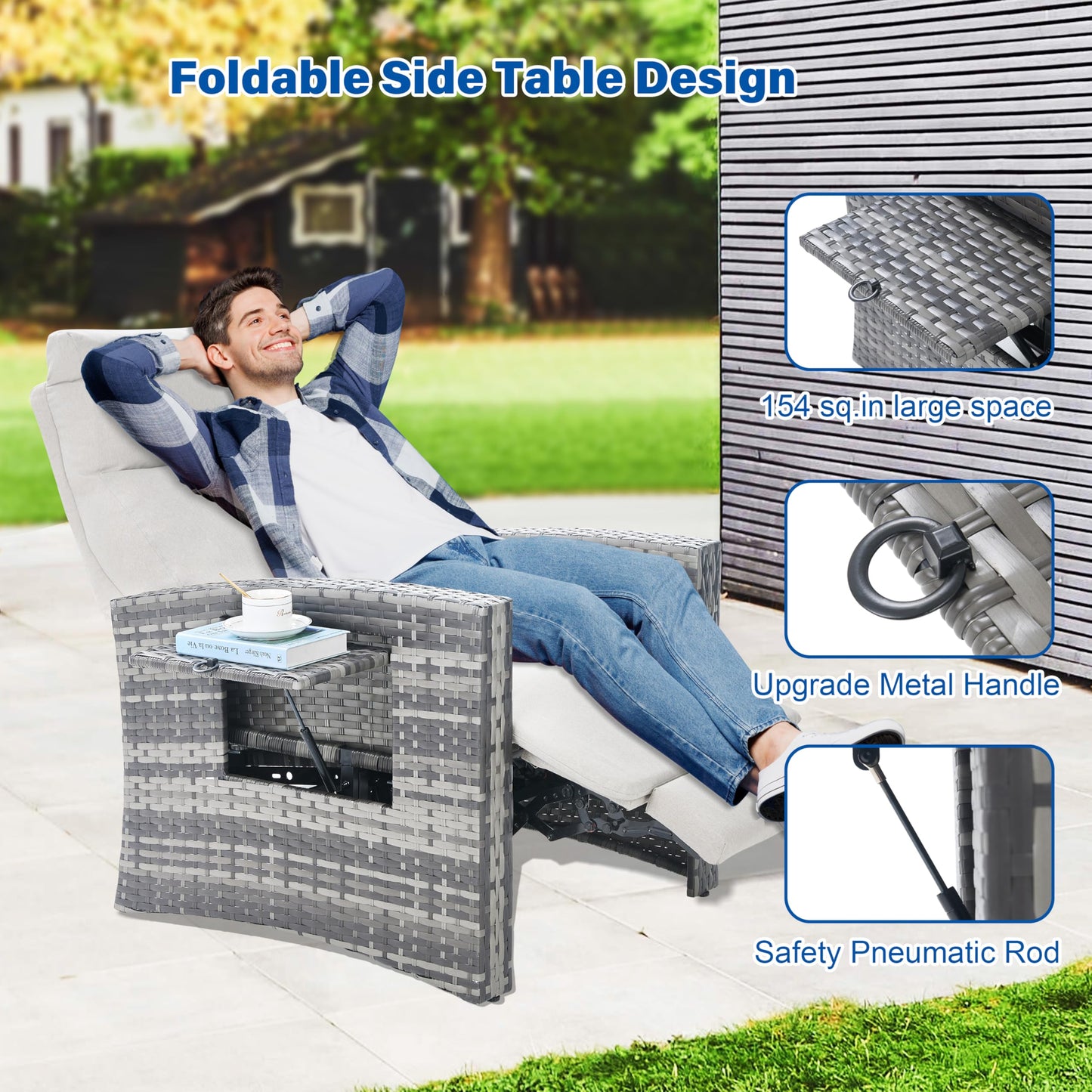 ZZW Outdoor Recliner Chair Set of 2, Wicker Patio Recliners with Adjustable Backrest 92°-145°and Extended Foot Rest, Reclining Pattio Chairs with Flip Table & Removable Cushion Cover for Porch
